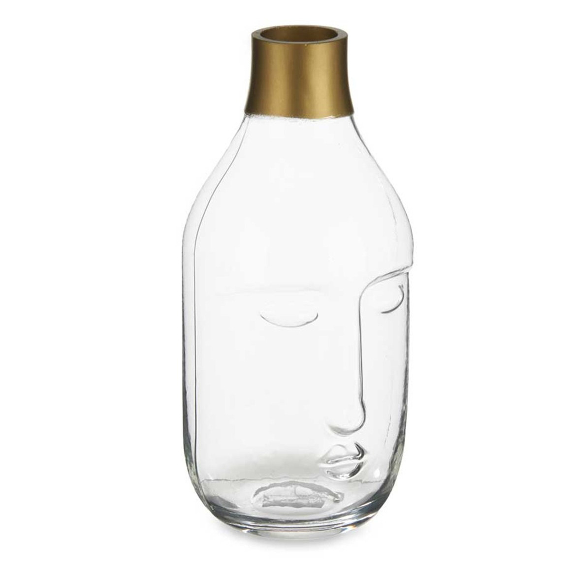 Giftdecor Bloemenvaas Crystal Face - luxe deco glas - helder transparant - D11 x H24 cm - gouden top -