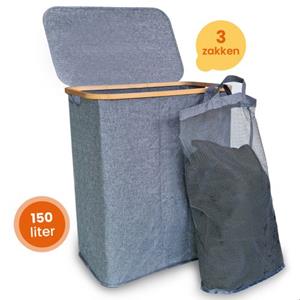 Goliving Wassorteerder 3 Vakken - 150l - Wasmand - 3 Zakken - Labels - 57x37x66 - Grijs