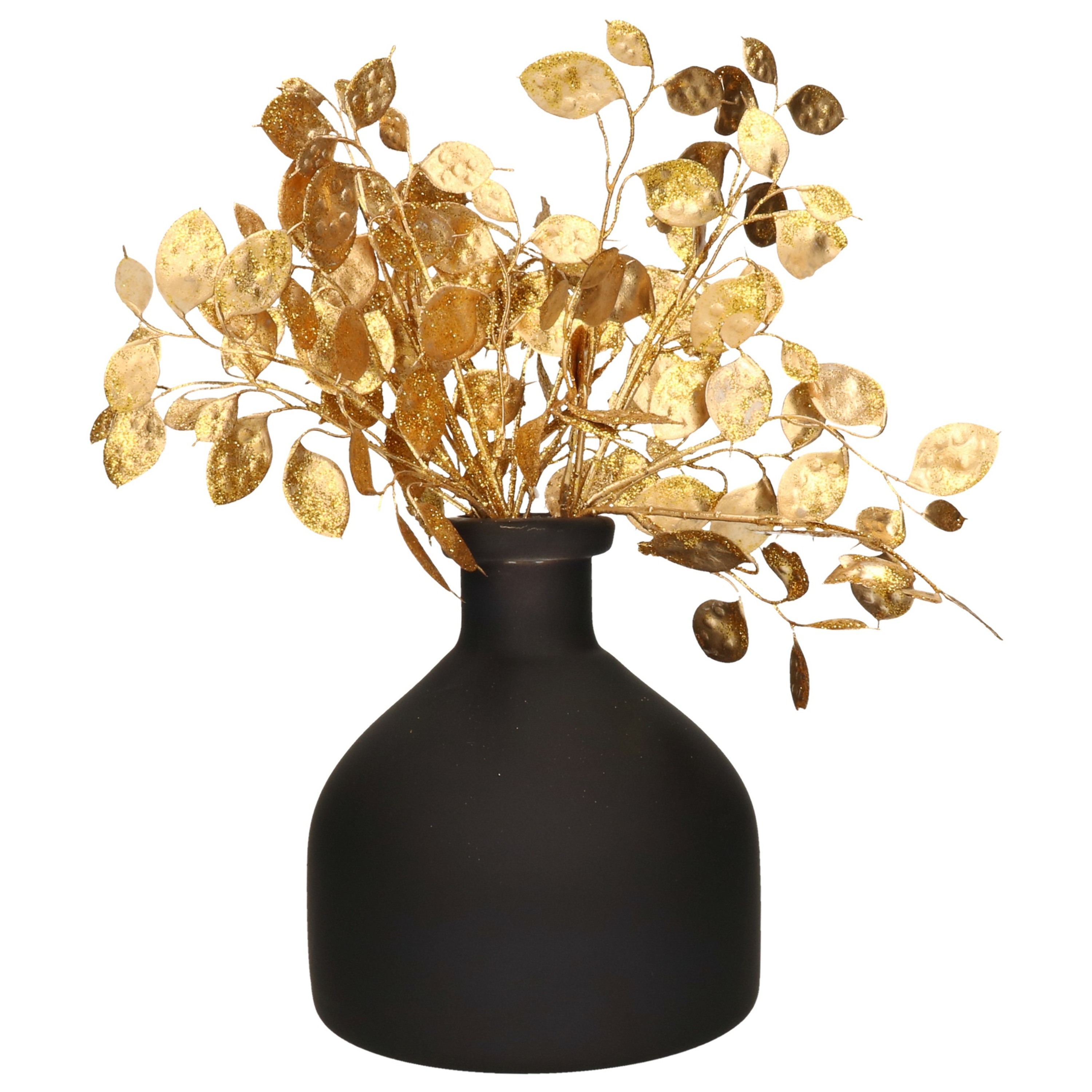 Countryfield Decoratie vaas zwart D18 cm - incl. glitter takken goud 3x st - H40 cm -