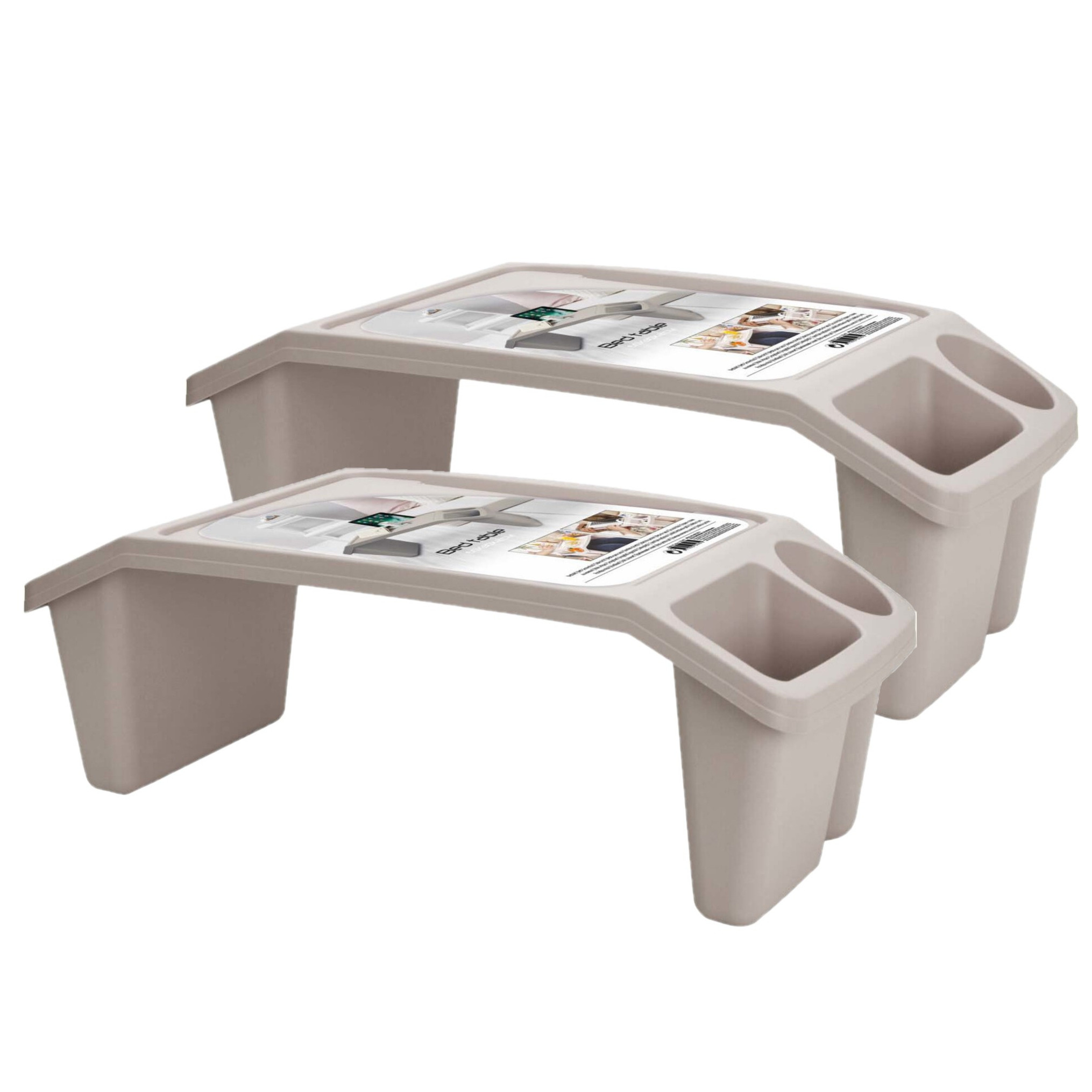 Merkloos Set van 2x stuks dienblad/schoottafel kunststof met opbergvakjes beige L60 x B30 x H21 cm -