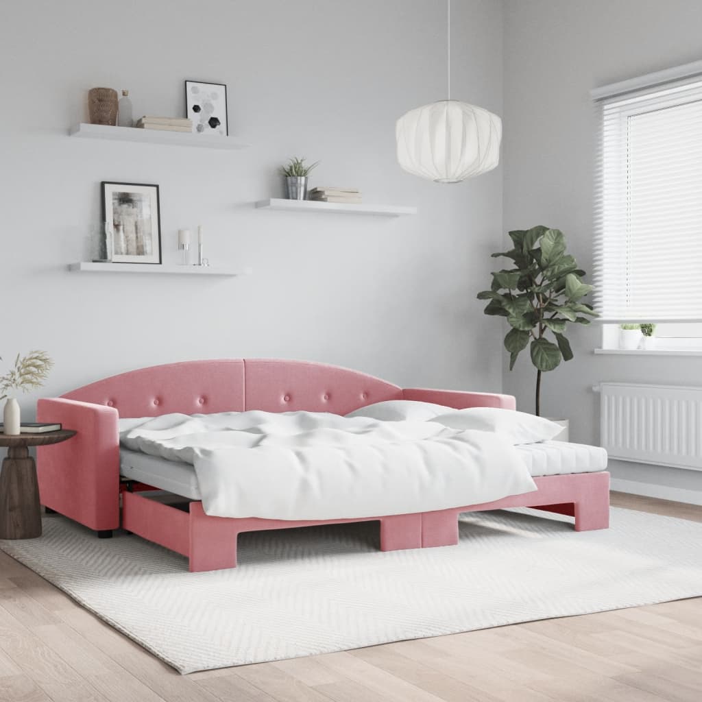 VidaXL Slaapbank onderschuifbed en matrassen 90x200 cm fluweel roze