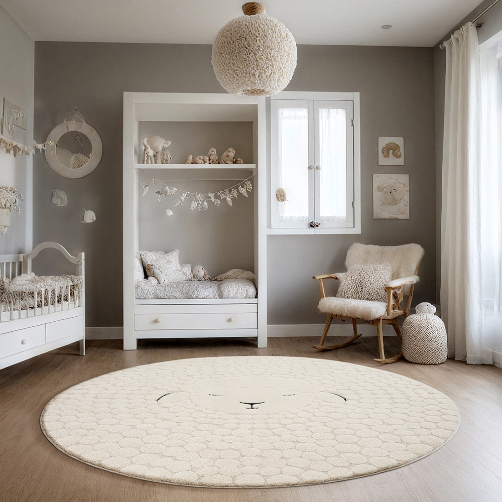 Merinos Karpet24 Alina Kids - Schattig -Ø 120 cm Rond Schaapdesign in Crème, Perfect voor de Kinderkamer