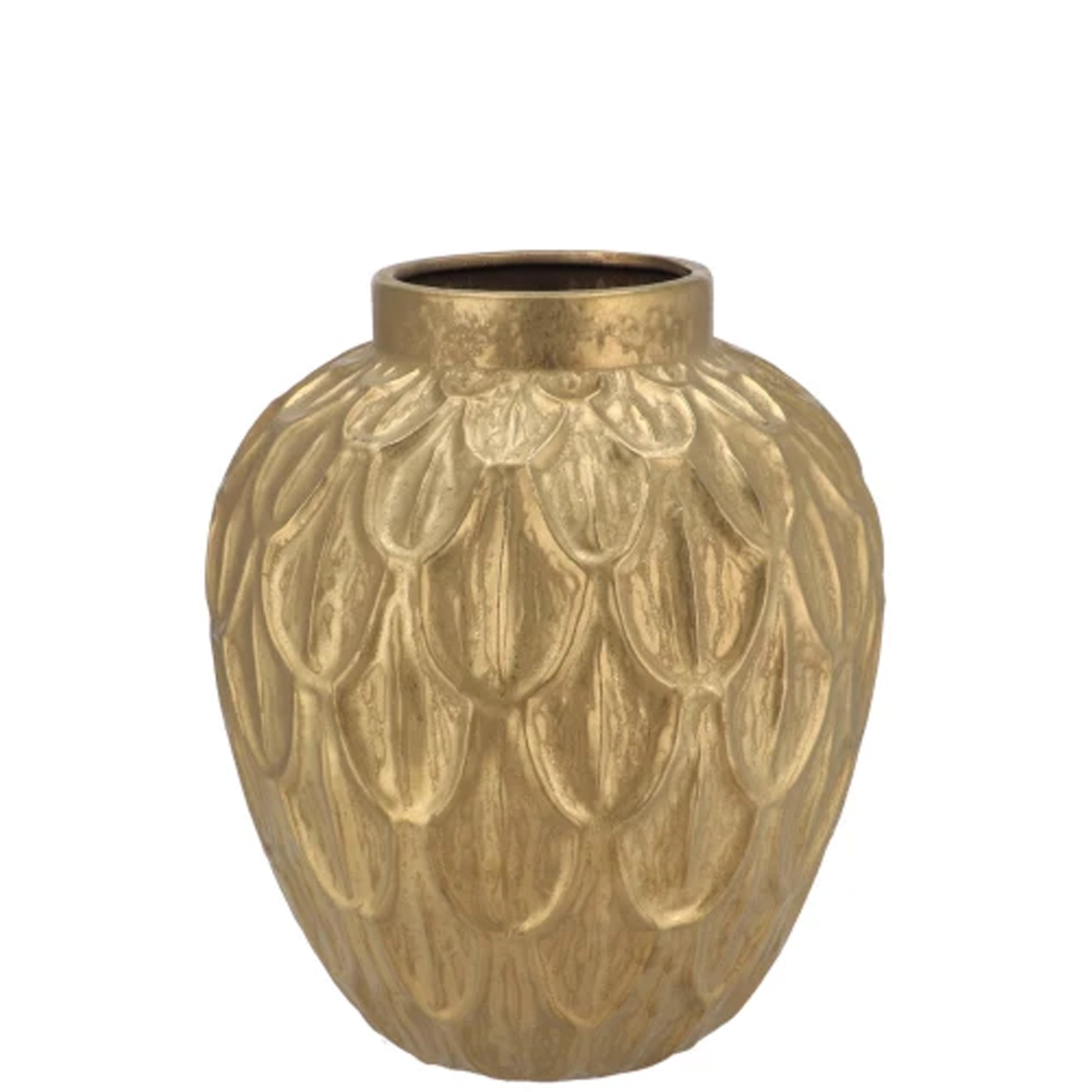 DK Design Bloemenvaas rond model - Boa - goud - veren/schub relief - 27 x 27 x 30 cm - modern -