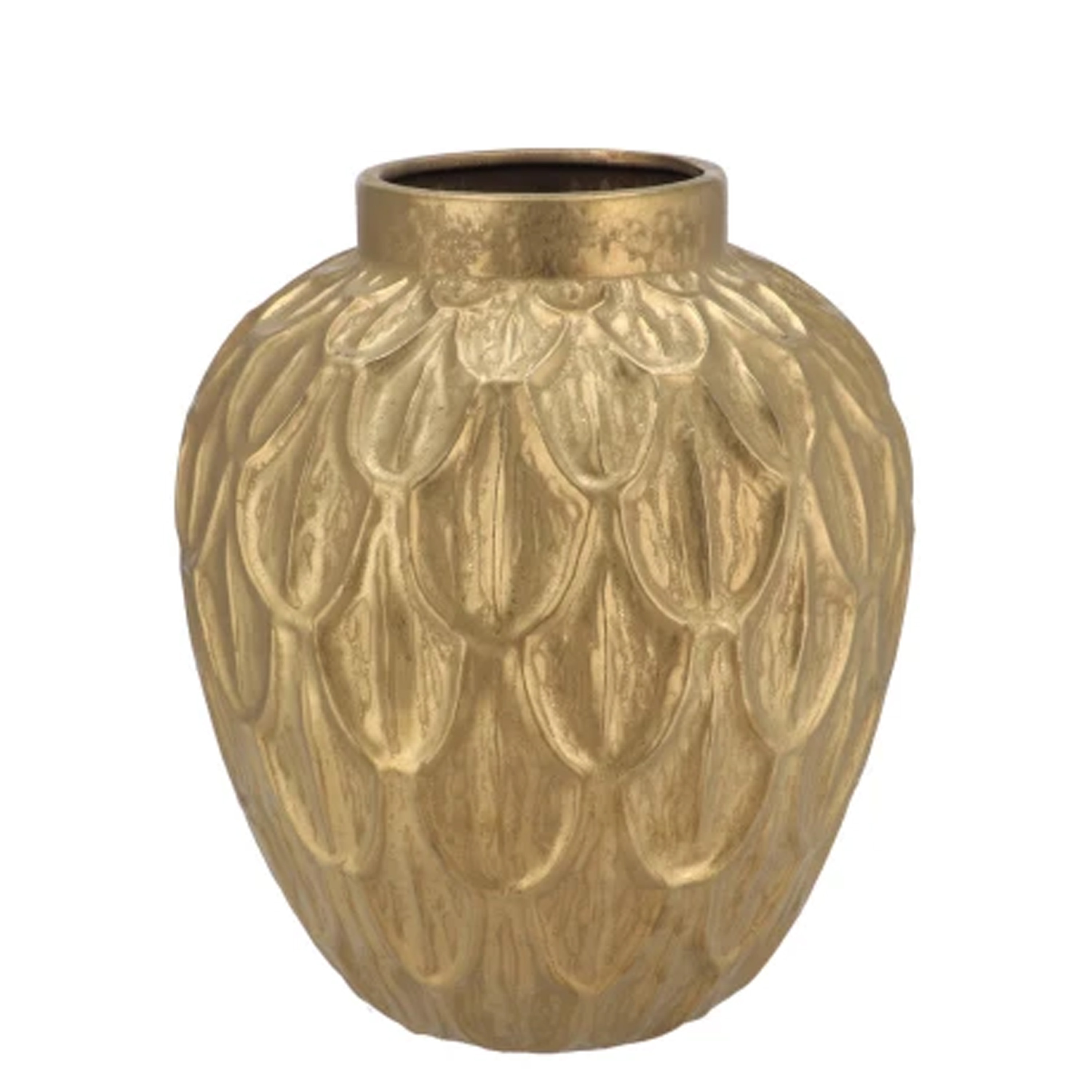 DK Design Bloemenvaas rond model - Boa - goud - veren/schub relief - 31 x 31 x 35 cm - modern -