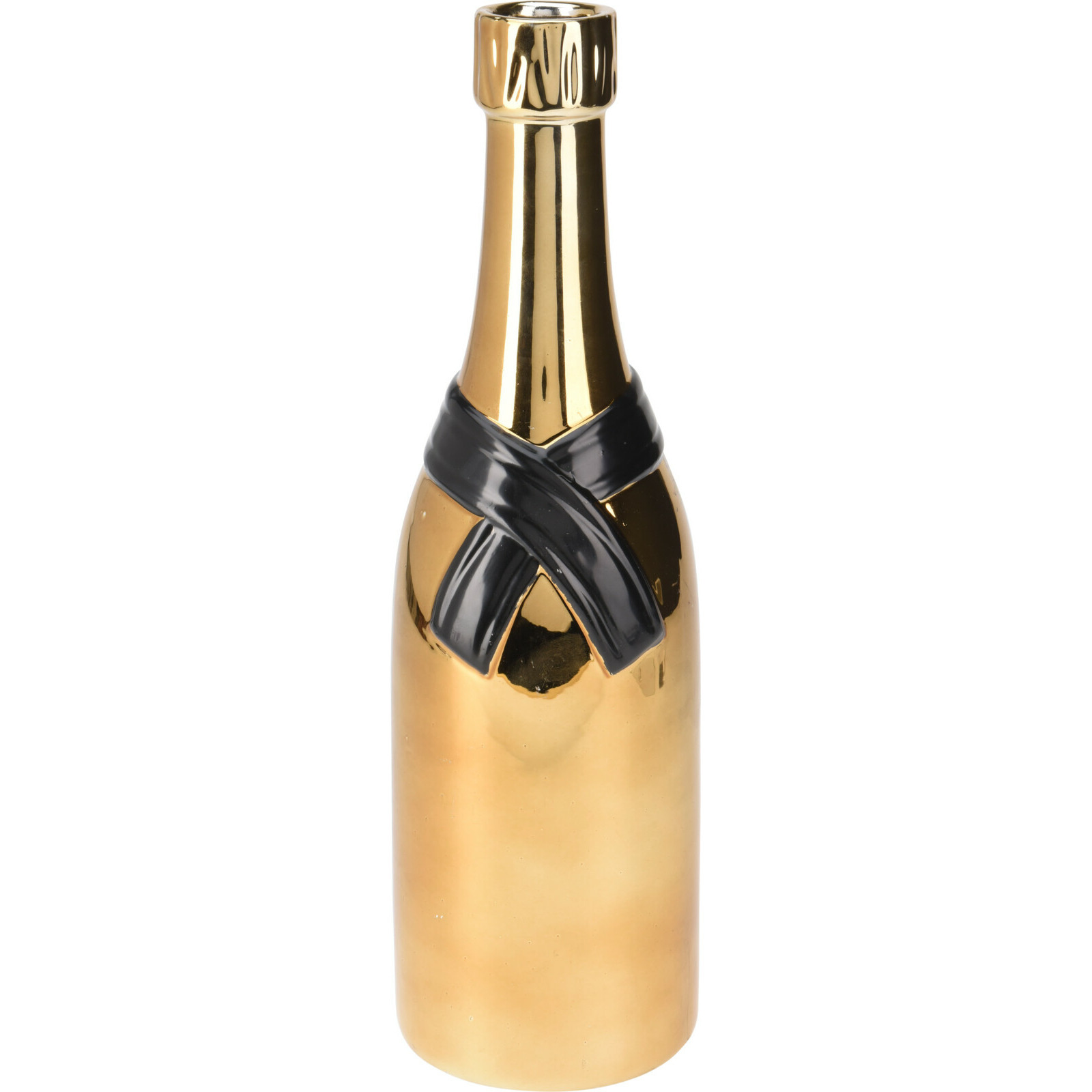 H&S Collection Bloemenvaas Champagne fles - keramiek - zwart/goud - 11 x cm - feestelijke vaas -