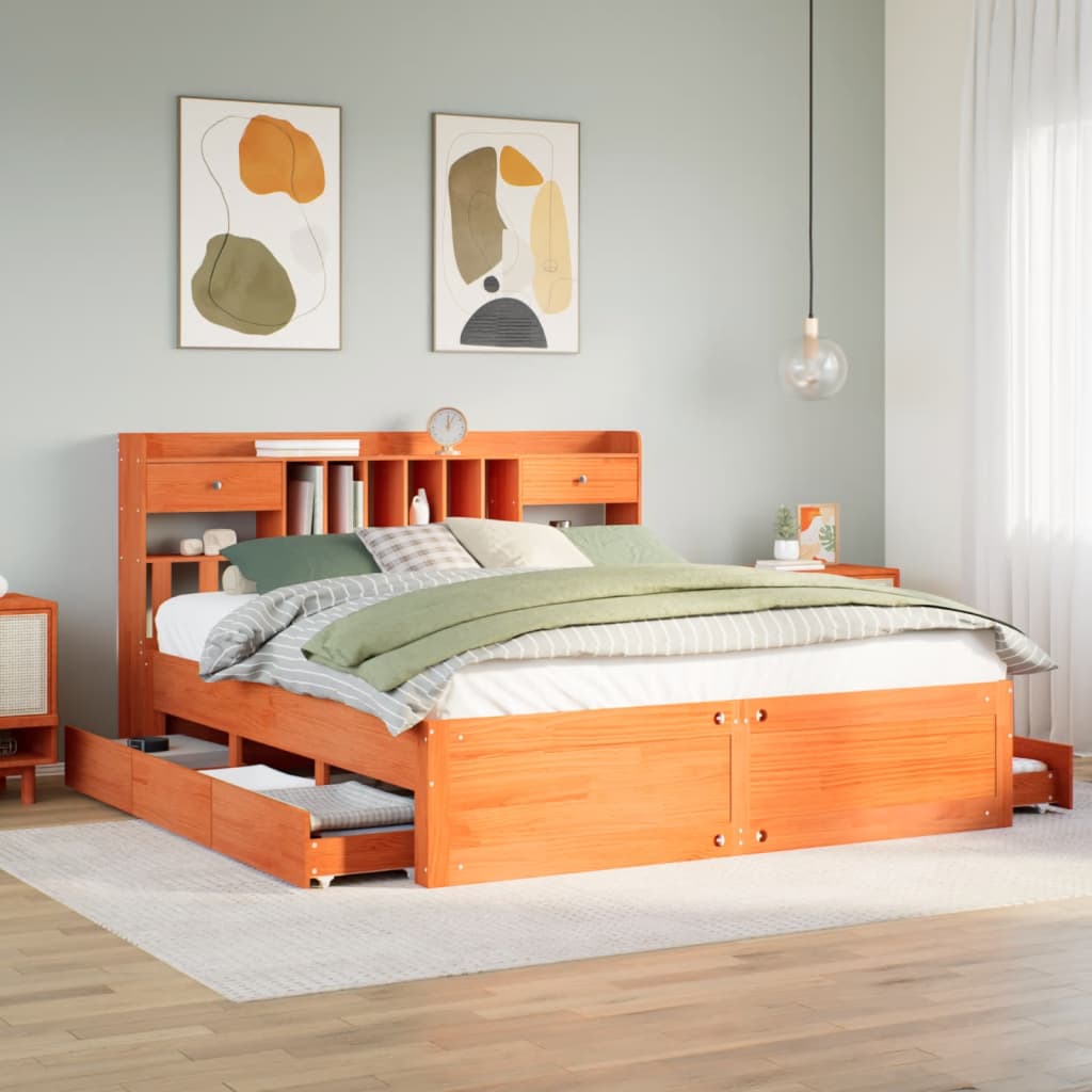 VidaXL Bed met boekenkast zonder matras grenenhout wasbruin 180x200 cm