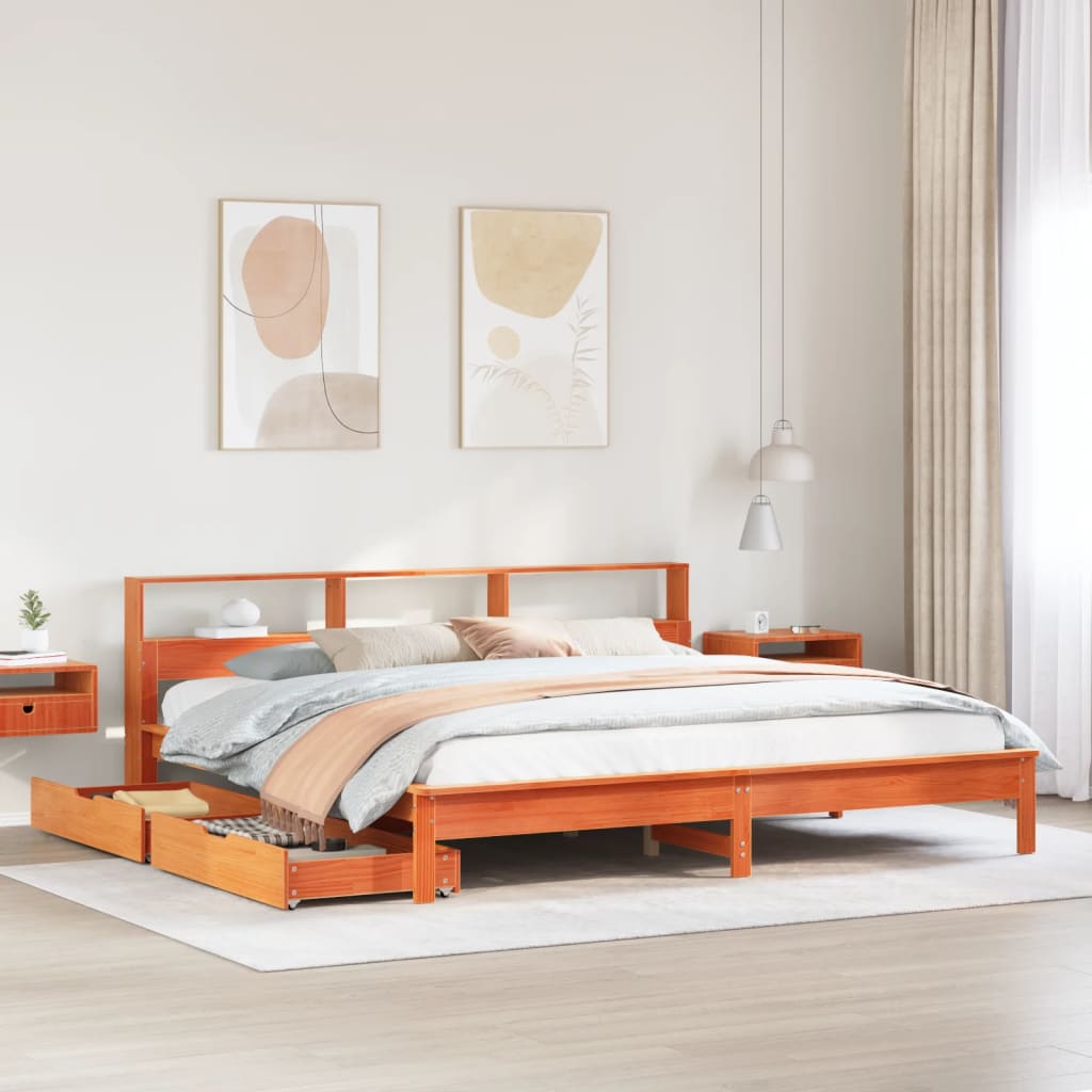 VidaXL Bed met boekenkast zonder matras grenenhout wasbruin 200x200 cm