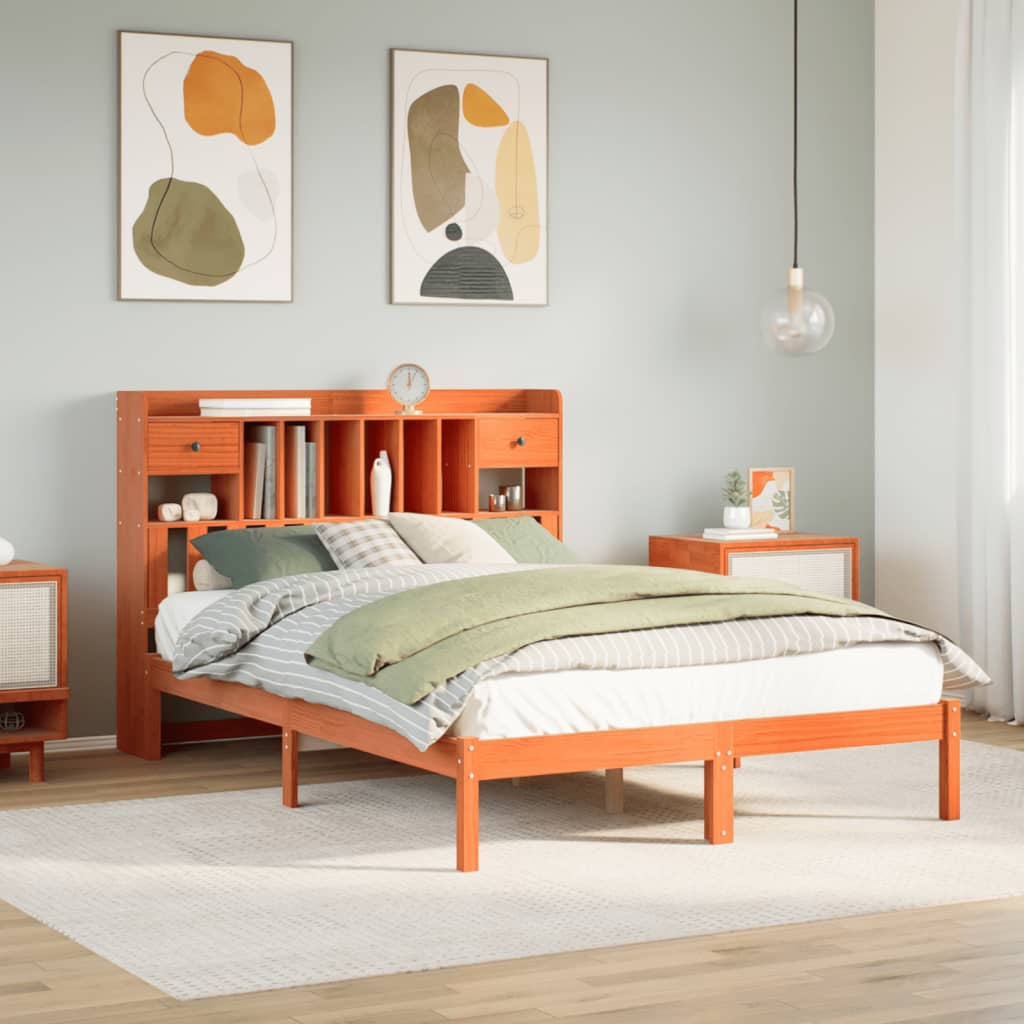 VidaXL Bed met boekenkast zonder matras grenenhout wasbruin 140x190 cm