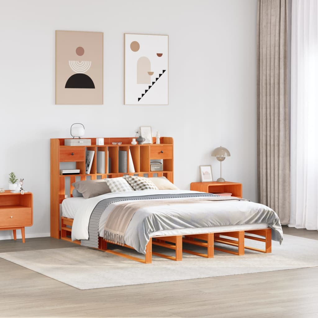 VidaXL Bed met boekenkast zonder matras grenenhout wasbruin 140x190 cm