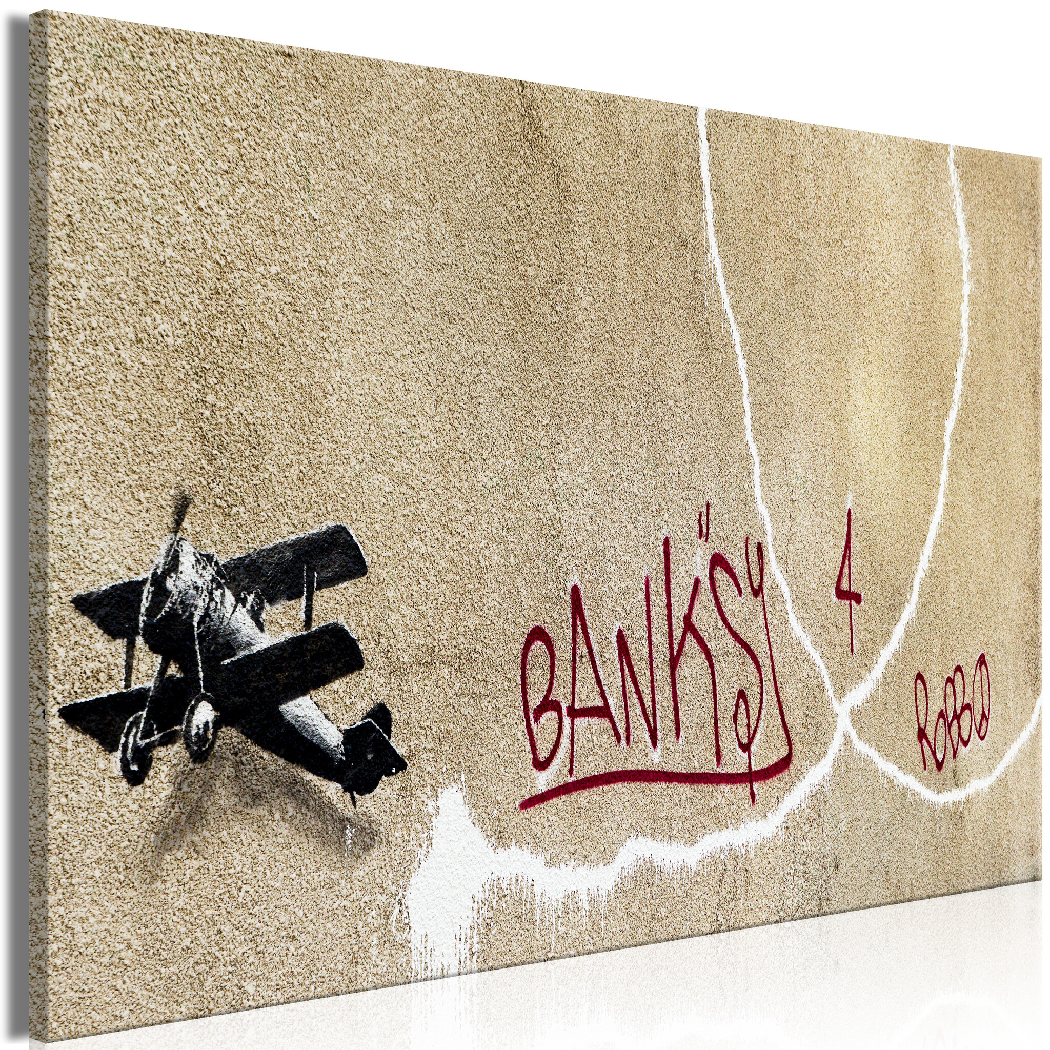 Karo-art Schilderij - Banksy's Plane (1-part) - Red Graffiti Text on Mural Background