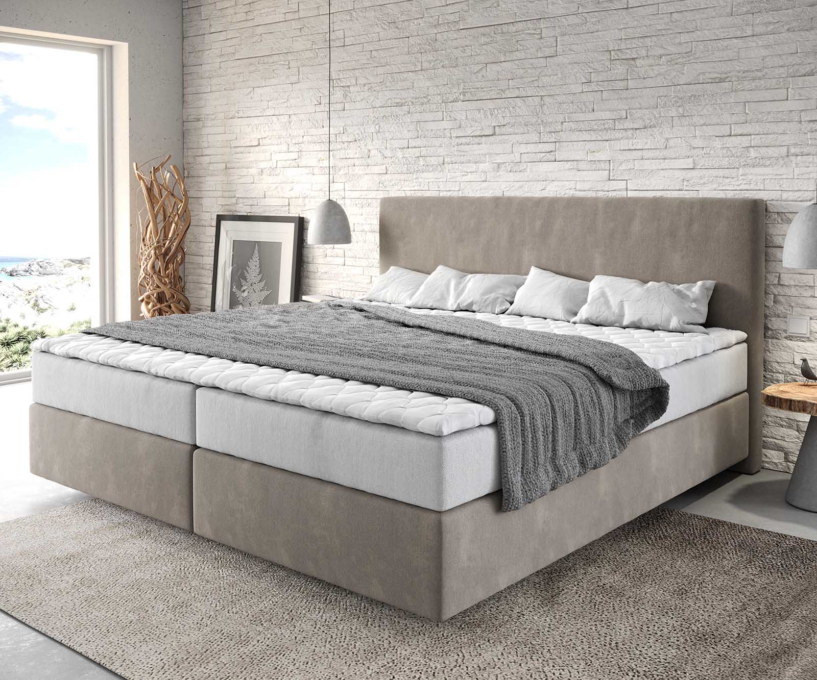 DELIFE Boxspringbett Dream-Well Mikrofaser Beige 200x200 cm mit Taschenfederkernmatratze und Topper Visco