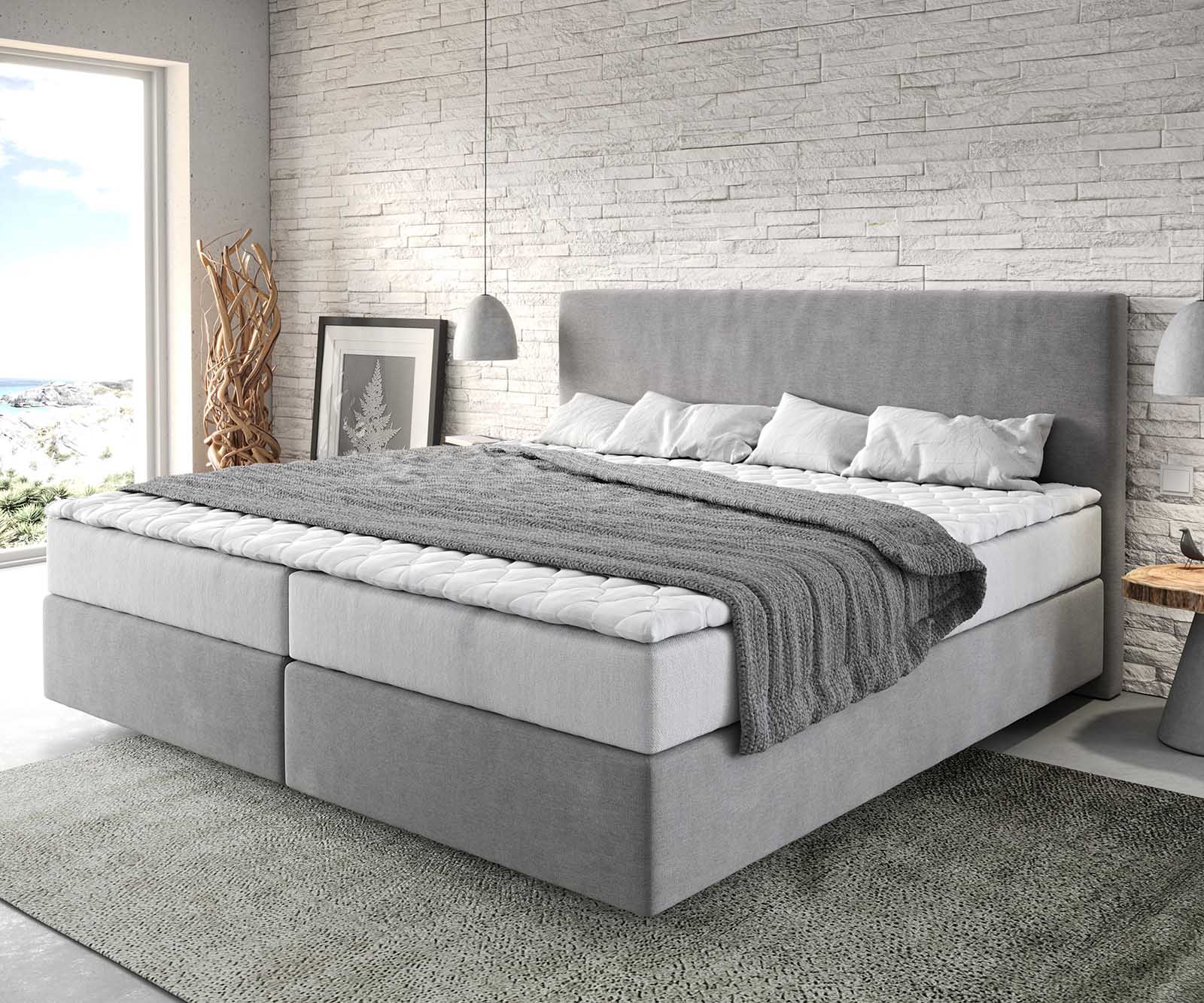 DELIFE Boxspringbett Dream-Well Mikrofaser Grau 200x200 cm mit Taschenfederkernmatratze und Topper Visco