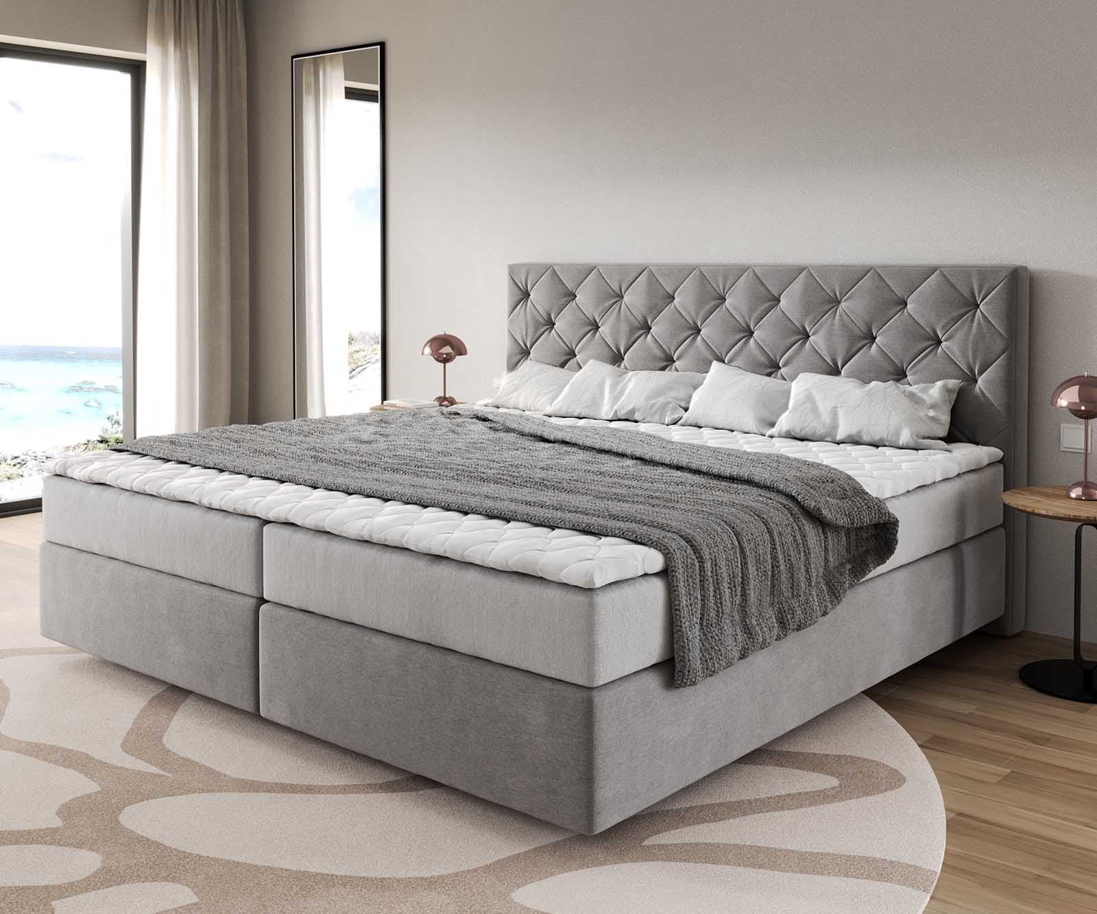 DELIFE Boxspringbett Dream-Great Mikrofaser Grau 200x200 cm mit Taschenfederkernmatratze und Topper Visco