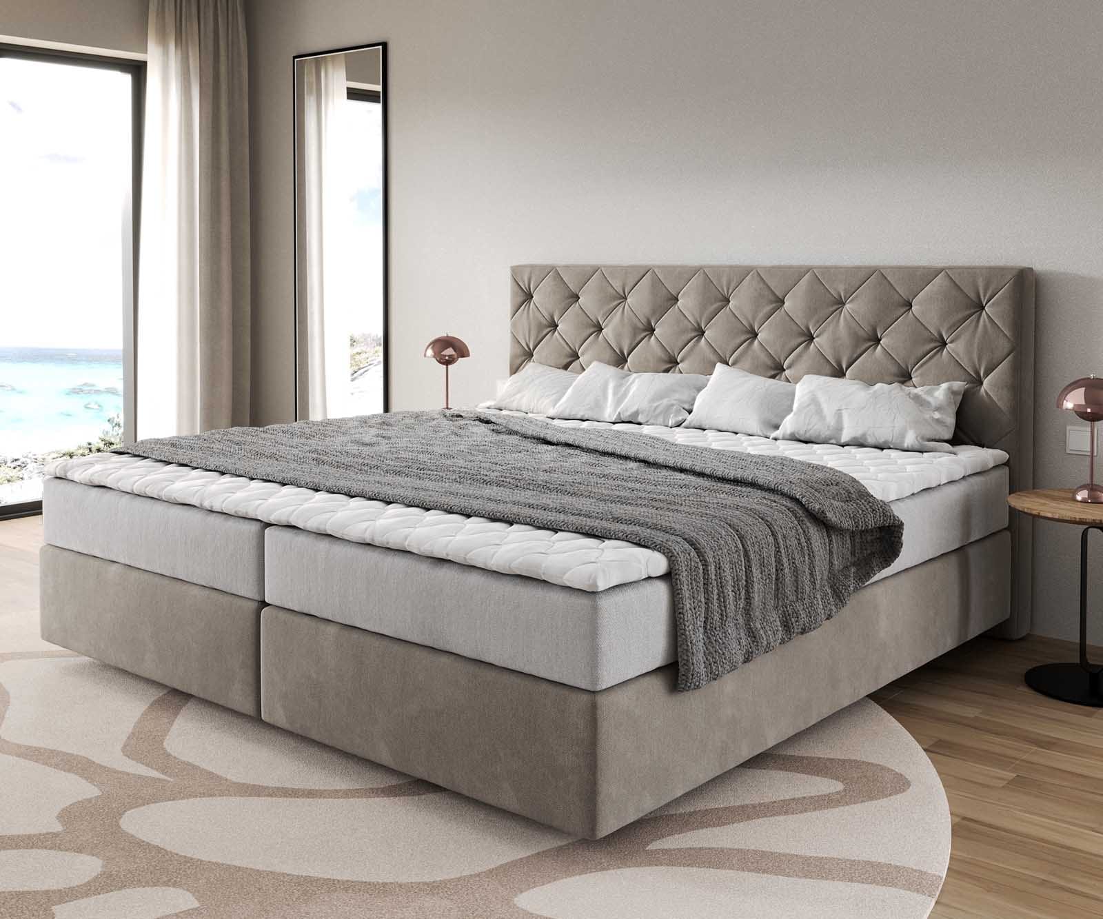 DELIFE Boxspringbett Dream-Great Mikrofaser Beige 200x200 cm mit Taschenfederkernmatratze und Topper Visco