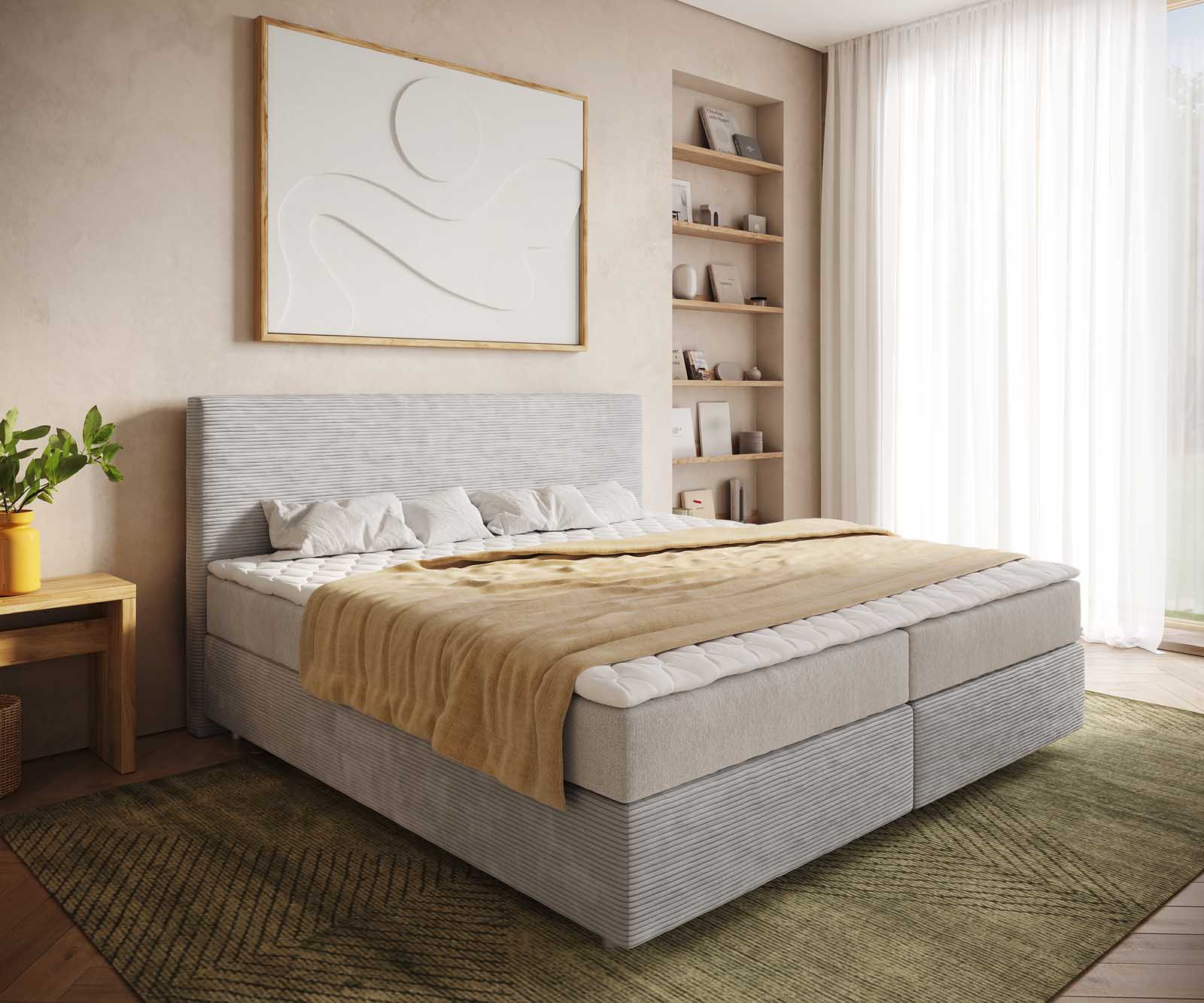 DELIFE Boxspringbett Dream-Well Cord Silbergrau 200x200 cm mit Taschenfederkernmatratze und Topper Visco