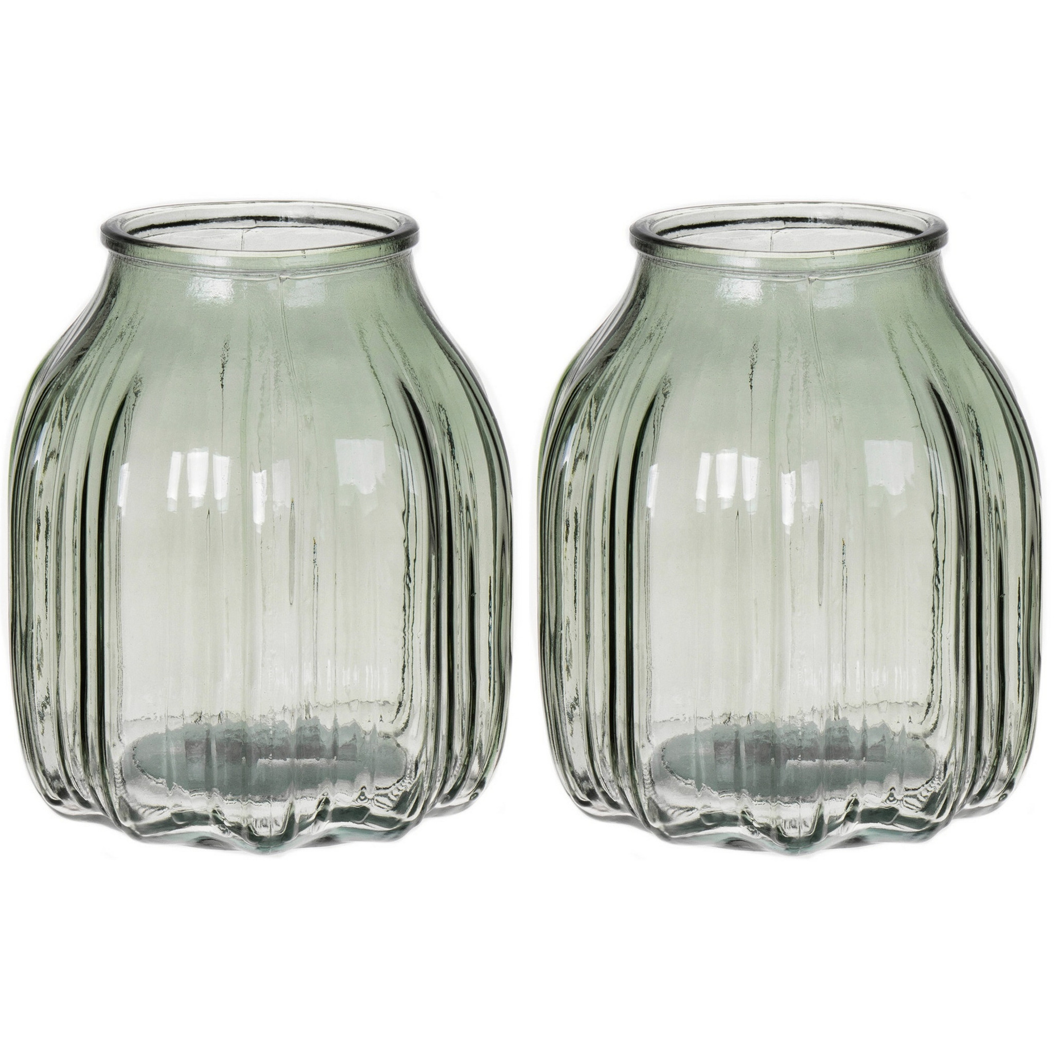 Bellatio Design Bloemenvaas klein - 2x - lichtgroen - transparant glas - D14 x H16 cm -