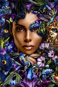 Karo-art Foto Glas Art - Vrouw tussen dieren en planten blauw/paars,80x120cm, zwart/wit, prachtig voor in de woon en of slaapkamer, inclusief ophang materiaal.