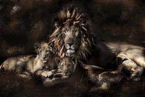 Karo-art Foto Glas Art -Leeuw met zijn welpen, 80x120cm, prachtig voor in de woon en of slaapkamer, inclusief ophang materiaal