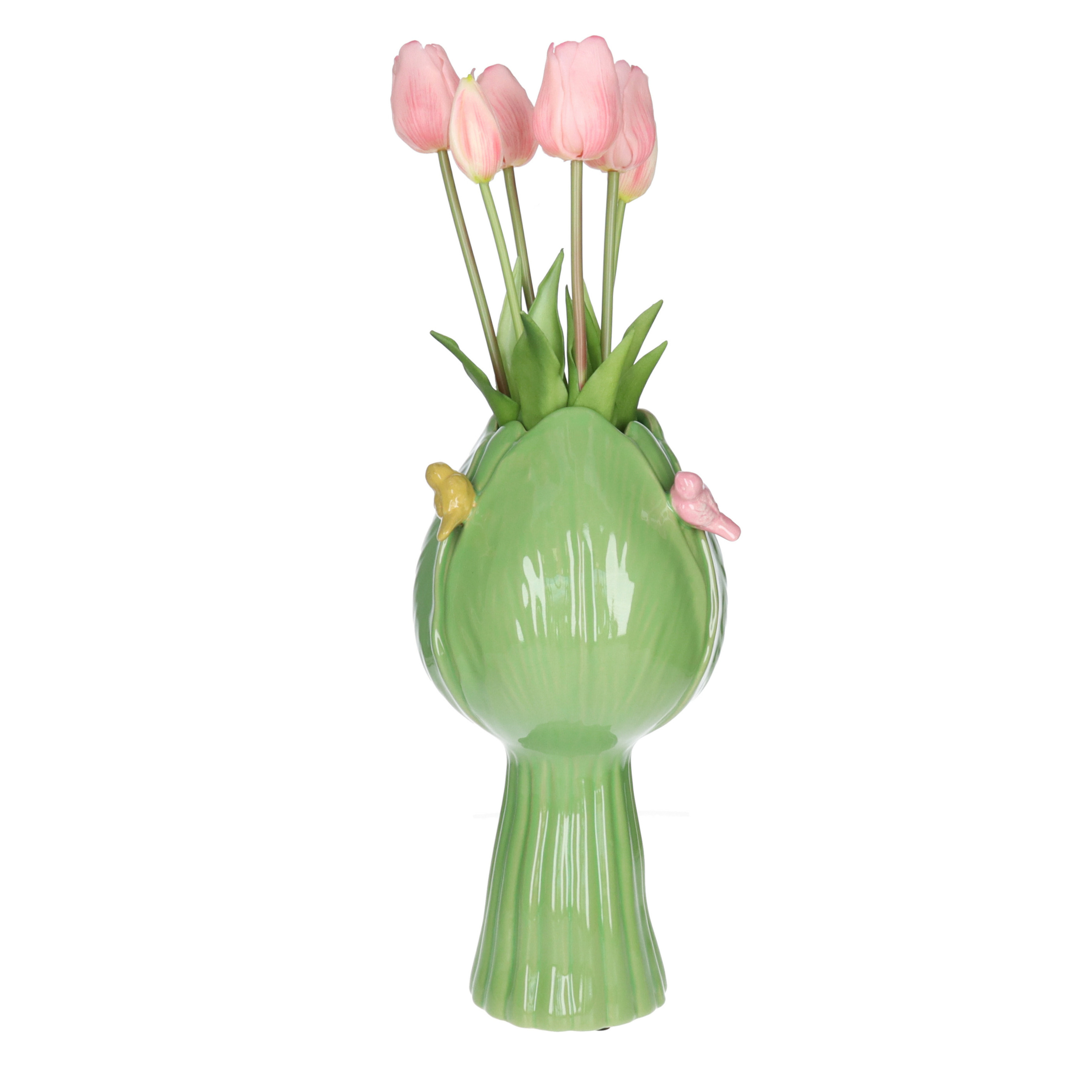 Countryfield vaas Tulip - tulpen vorm - vogeltjes - steen - groen - 18 x 32 cm -