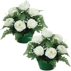 Louis Maes Kunstbloemen plantje rozen in pot - 2x - wit - 25 cm - Bloemstuk ornament - met bladgroen -