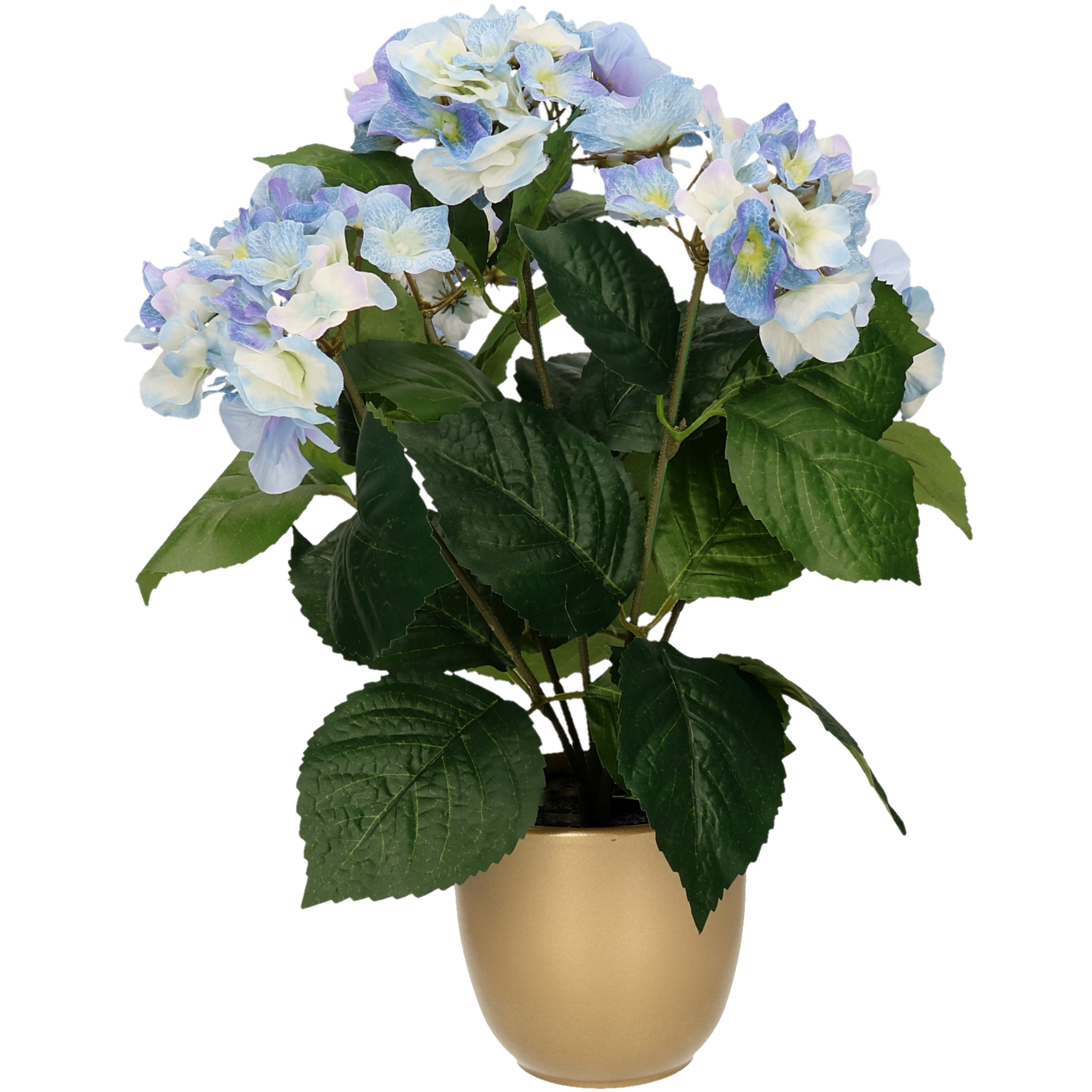 Merkloos Hortensia kunstplant/kunstbloemen cm - blauw - in pot mat goud -