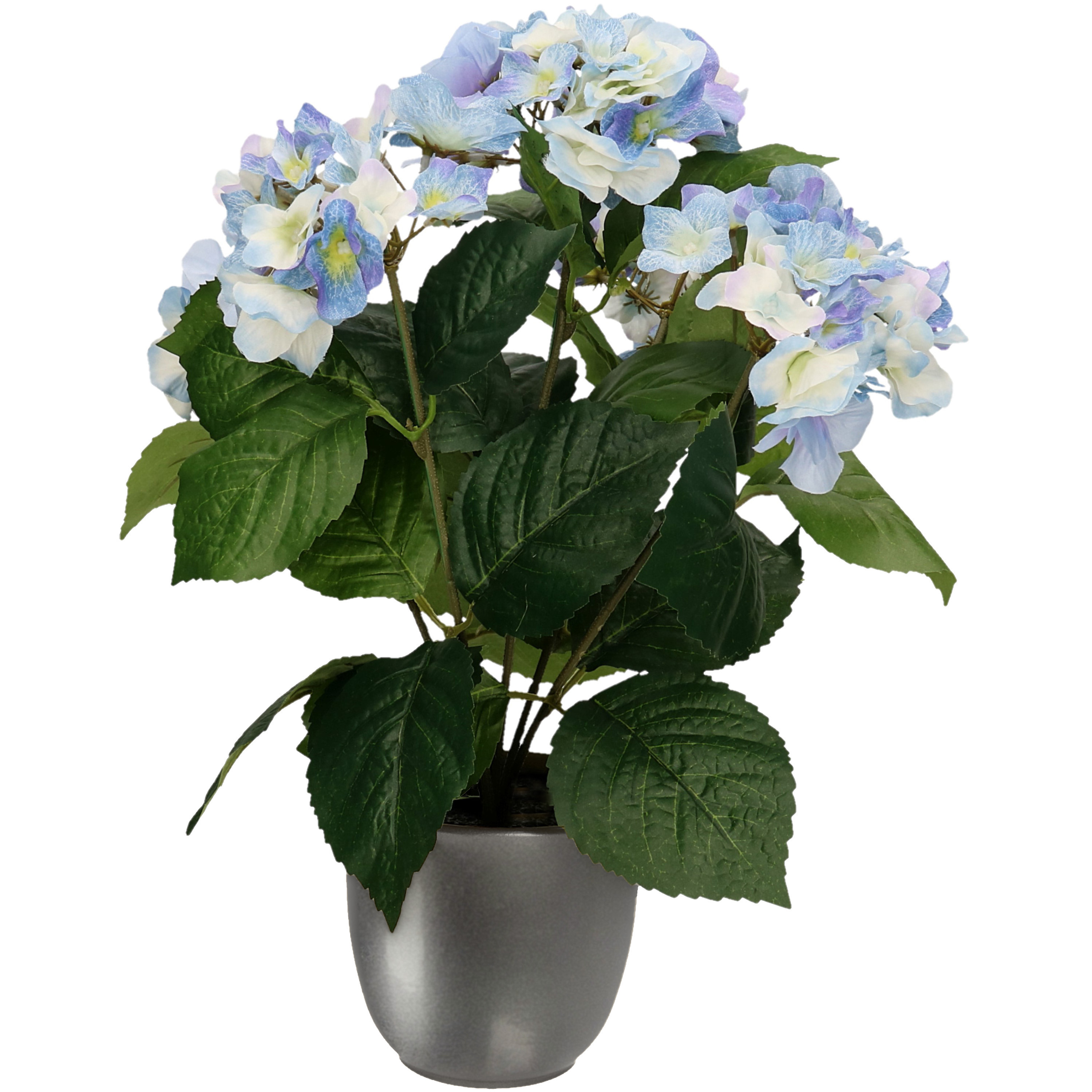 Merkloos Hortensia kunstplant/kunstbloemen cm - blauw - in pot metallic grijs -