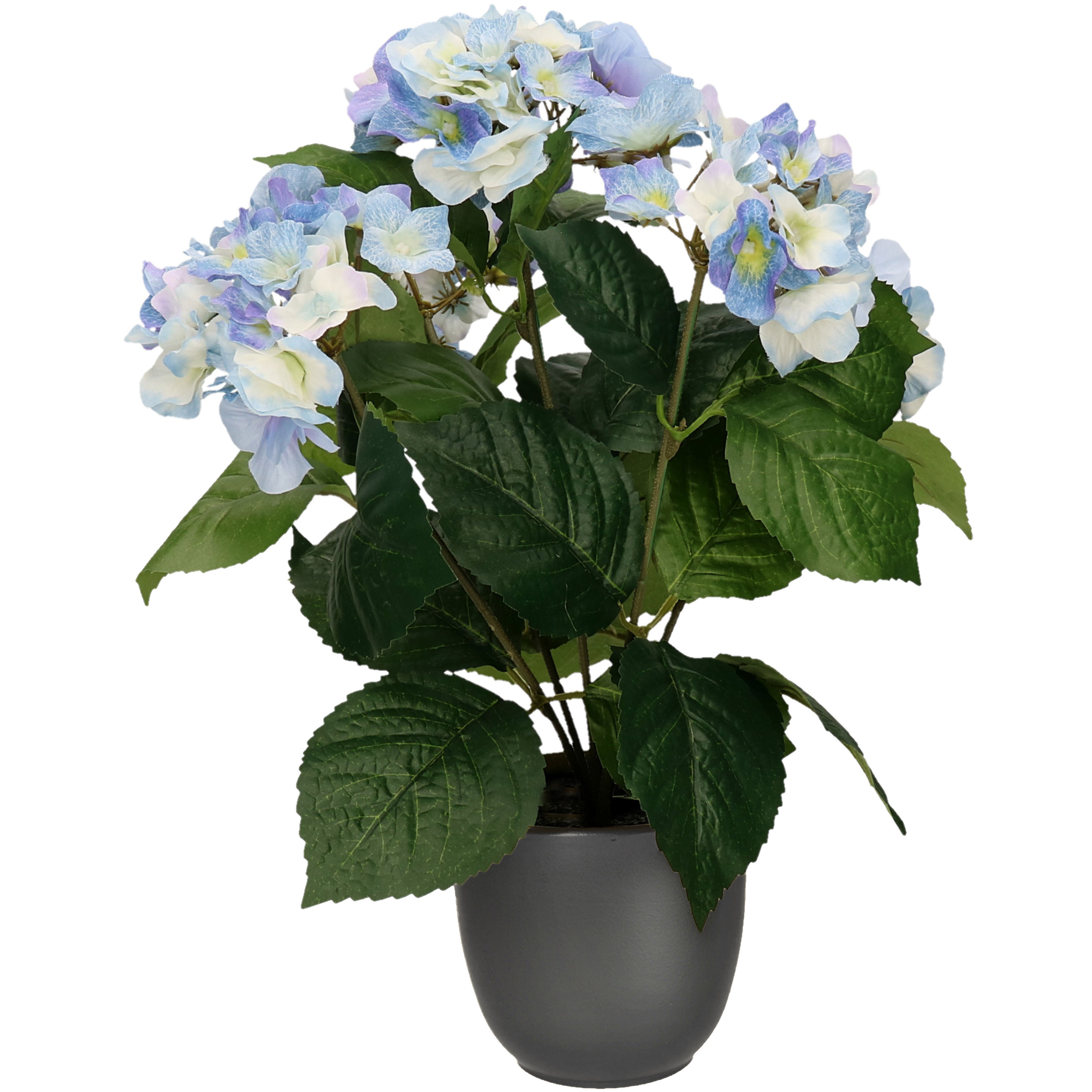 Merkloos Hortensia kunstplant/kunstbloemen cm - blauw - in pot mat zwart -