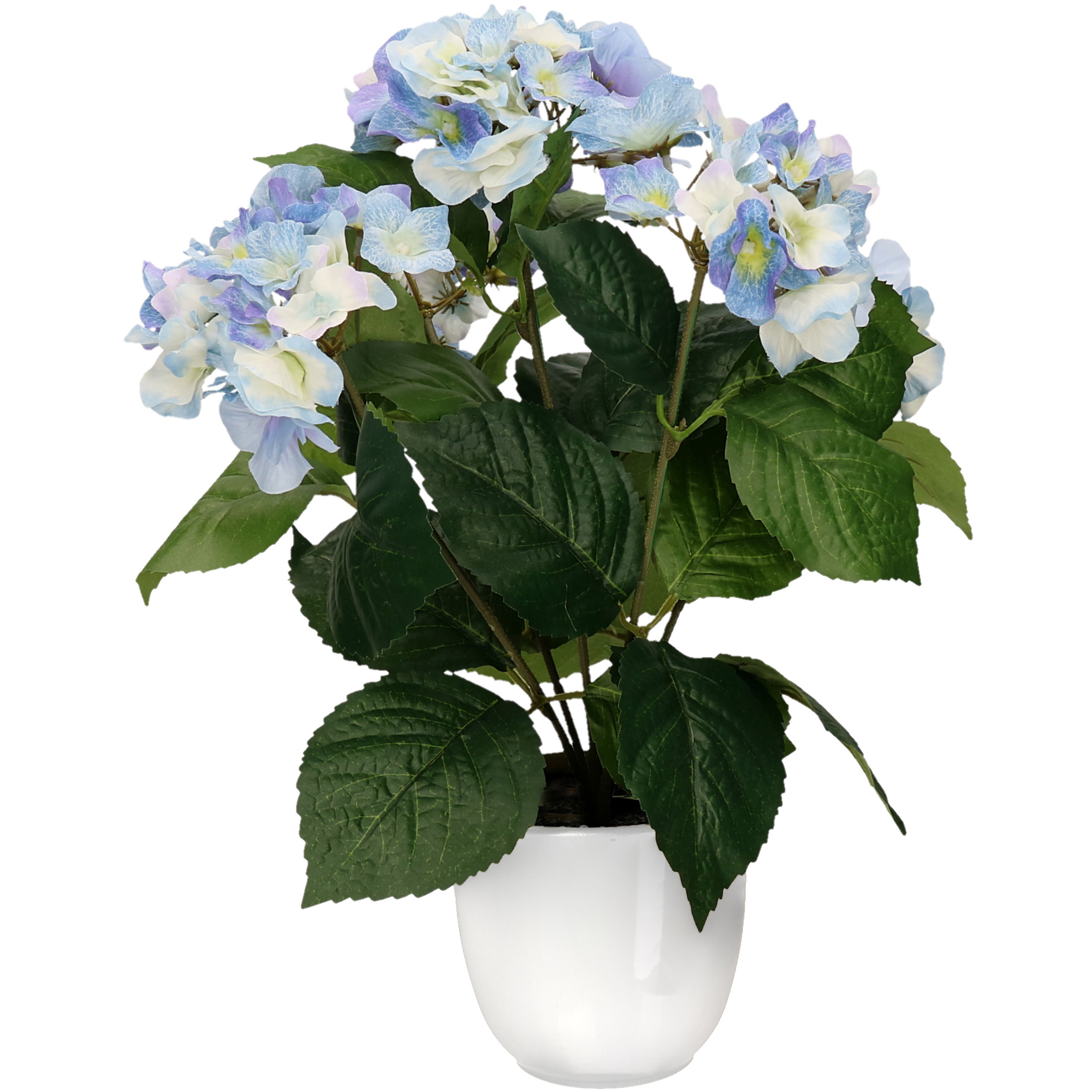 Merkloos Hortensia kunstplant/kunstbloemen cm - blauw - in pot wit glans -