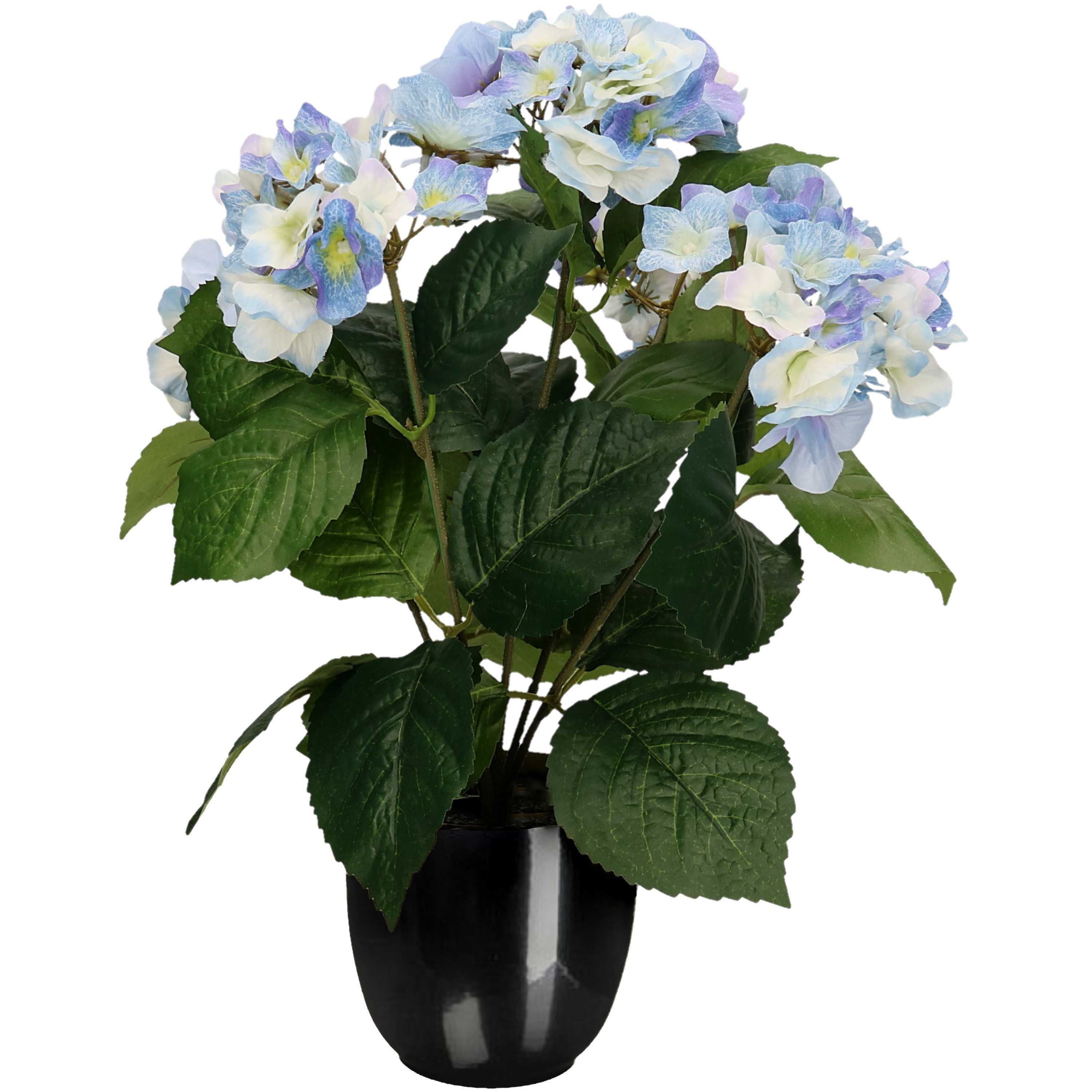 Merkloos Hortensia kunstplant/kunstbloemen cm - blauw - in pot zwart glans -