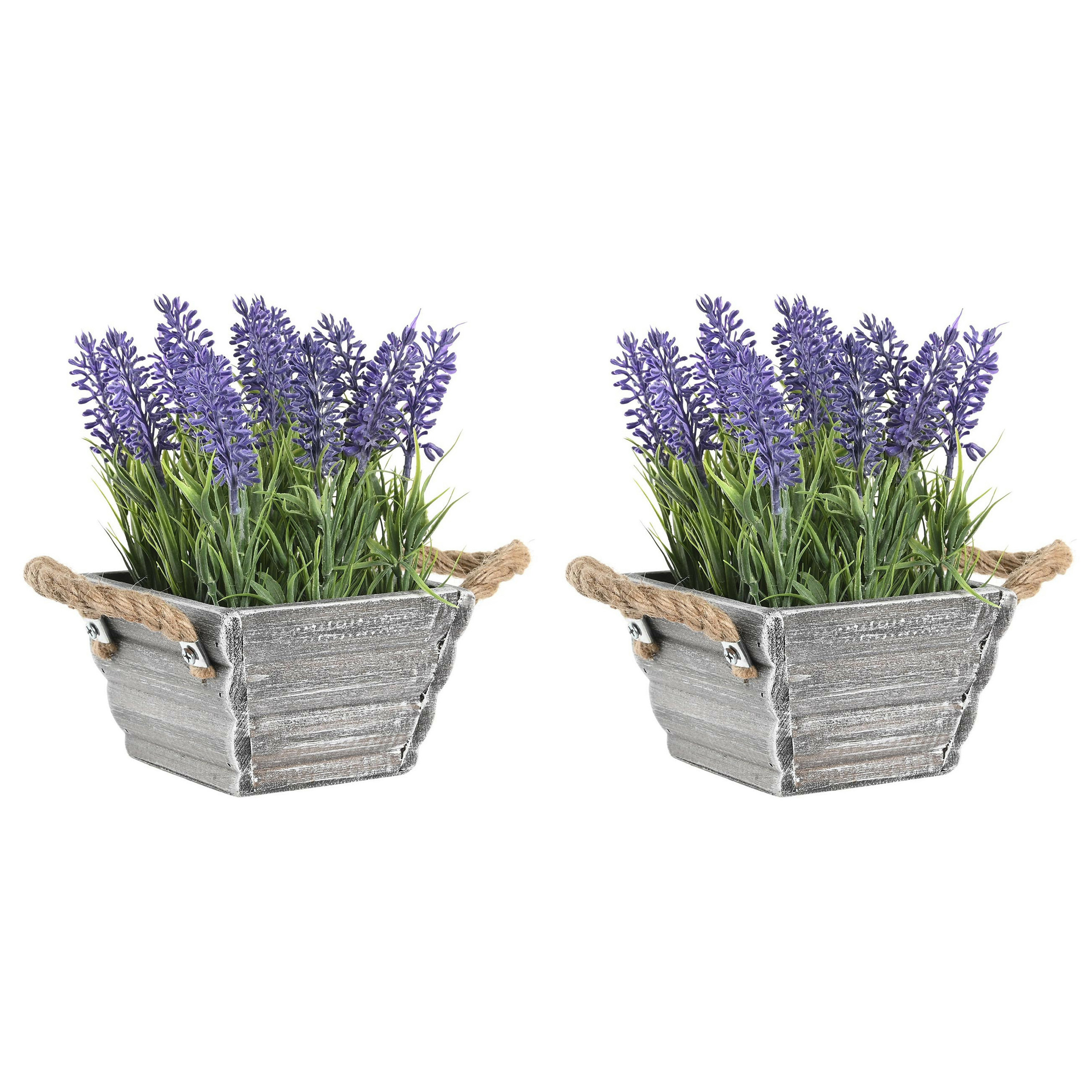 Items Lavendel bloemen kunstplant in bloempot - 2x - paarse bloemen - 15 x 20 cm -
