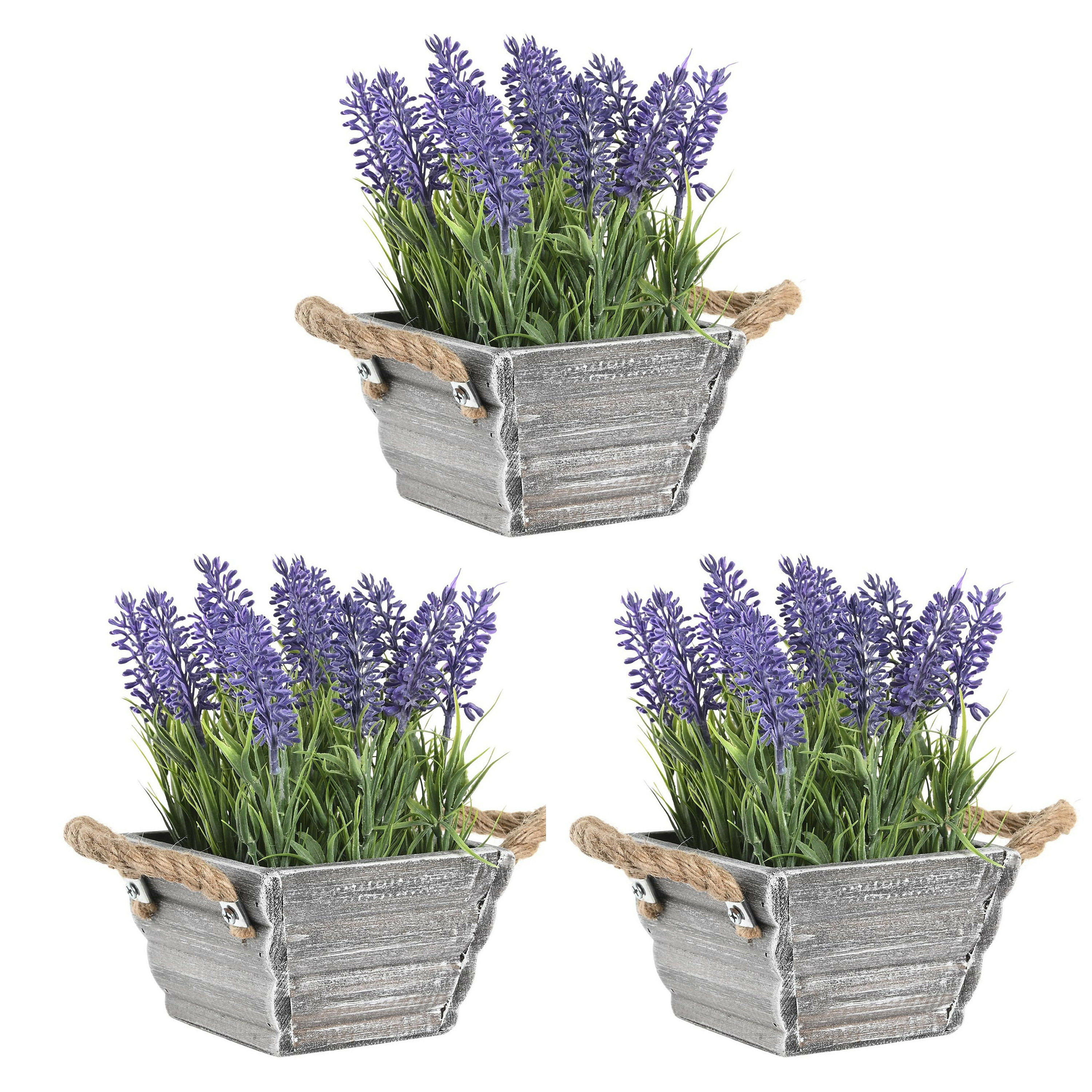 Items Lavendel bloemen kunstplant in bloempot - 3x - paarse bloemen - 15 x 20 cm -