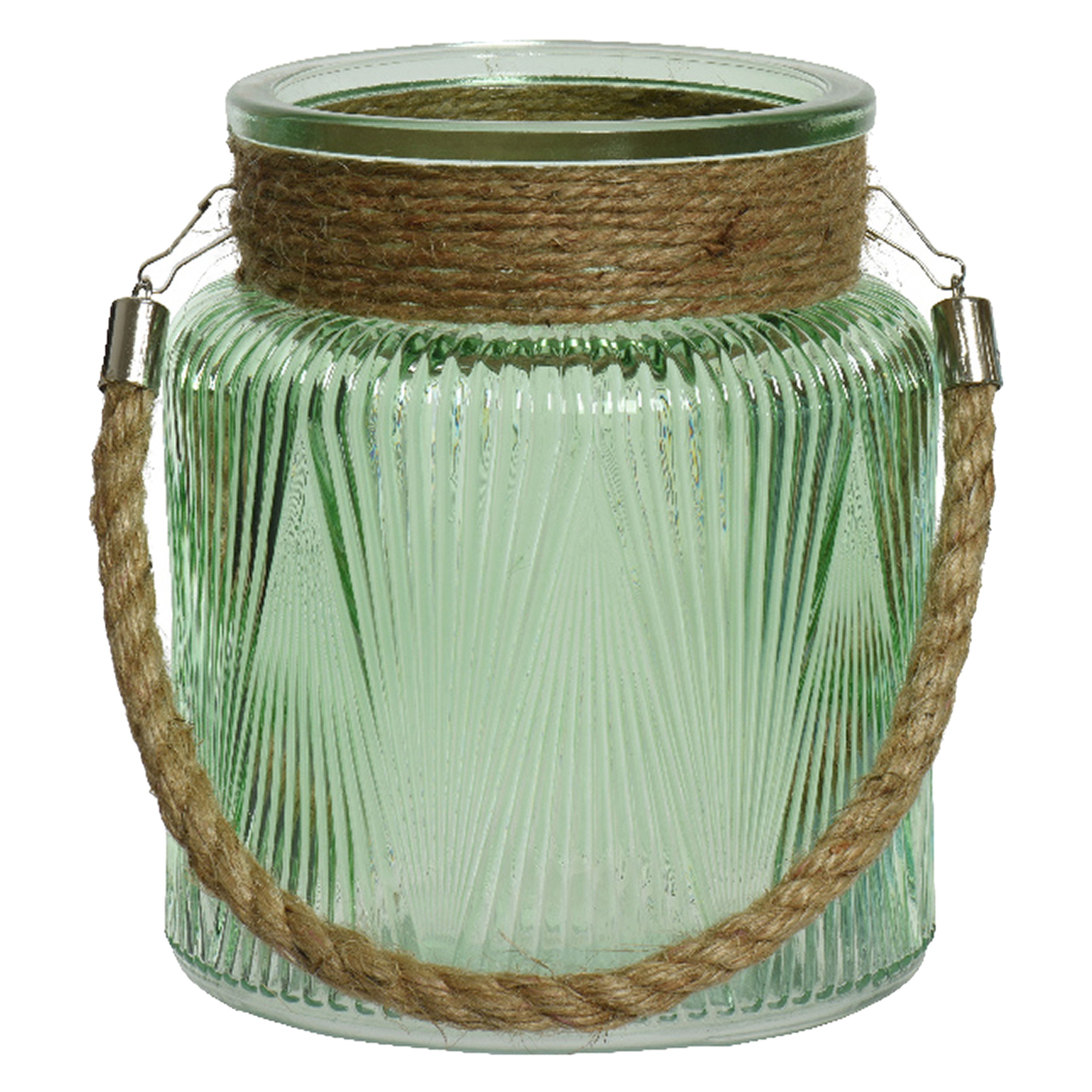 Lumineo Windlicht/lantaarn met relief - glas - D14 x H16 cm - groen -