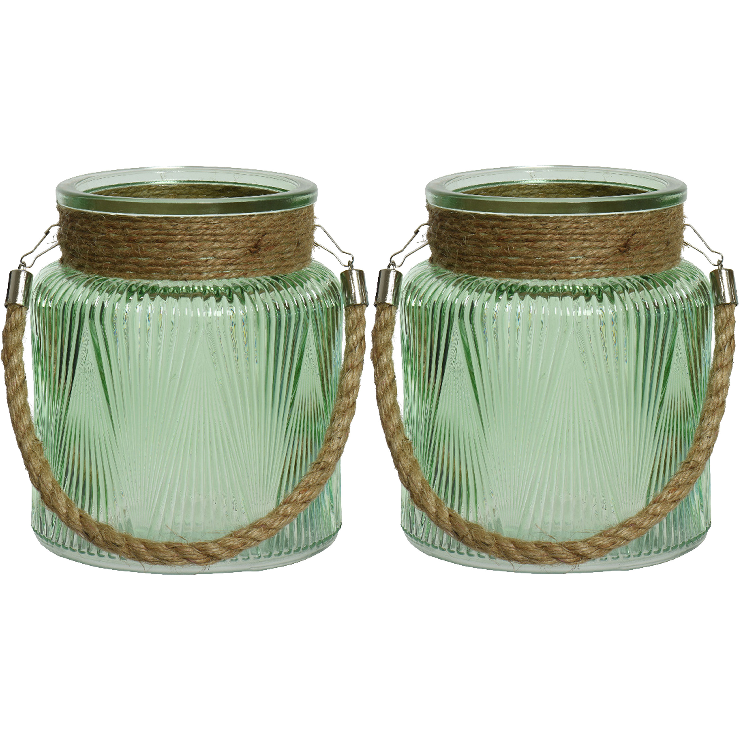 Lumineo 2x stuks windlichten/lantaarns relief - glas - D14 x H16 cm - groen -