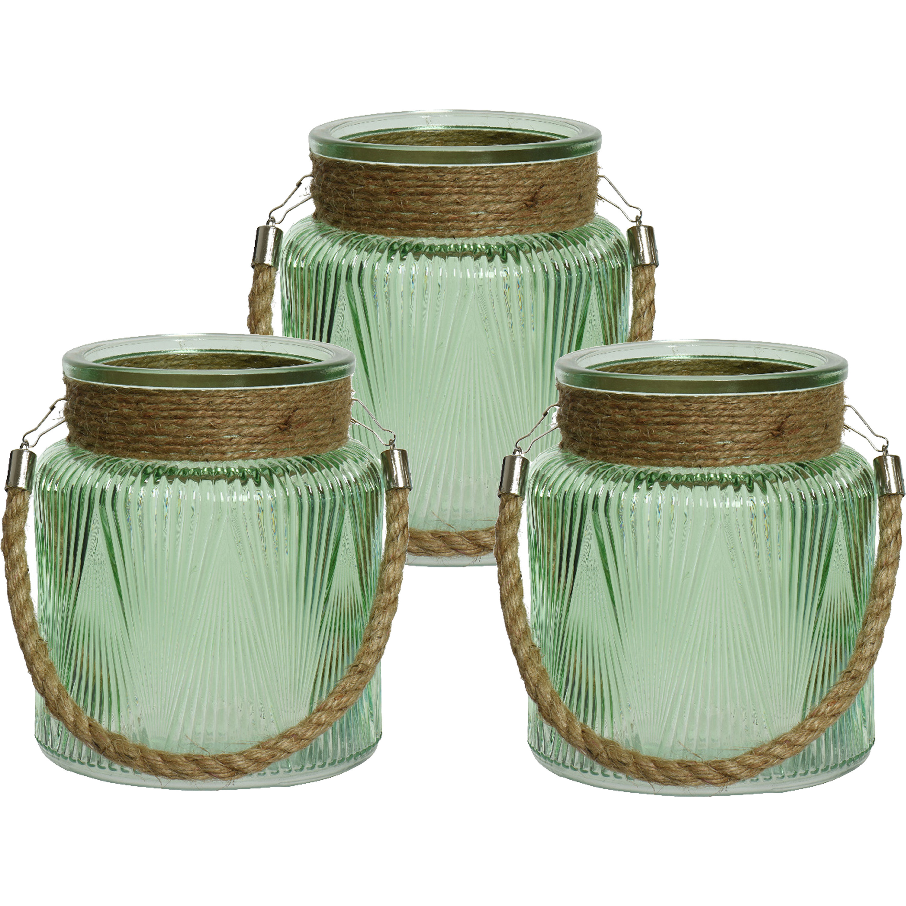 Lumineo 3x stuks windlichten/lantaarns relief - glas - D14 x H16 cm - groen -