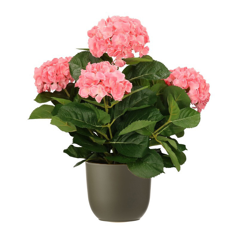 Mica Decorations Hortensia kunstplant/kunstbloemen 45 cm - roze - in pot olijfgroen mat -