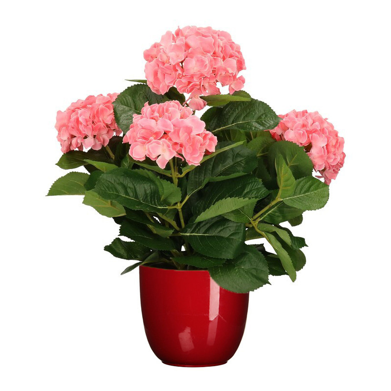 Mica Decorations Hortensia kunstplant/kunstbloemen 45 cm - roze - in pot rood glans -
