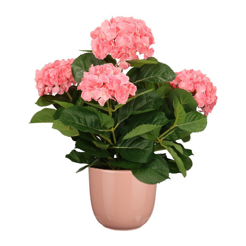 Mica Decorations Hortensia kunstplant/kunstbloemen 45 cm - roze - in pot roze glans -