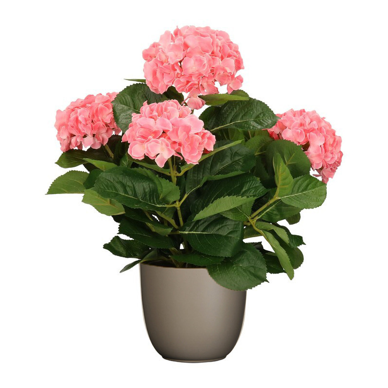Mica Decorations Hortensia kunstplant/kunstbloemen 45 cm - roze - in pot taupe mat -
