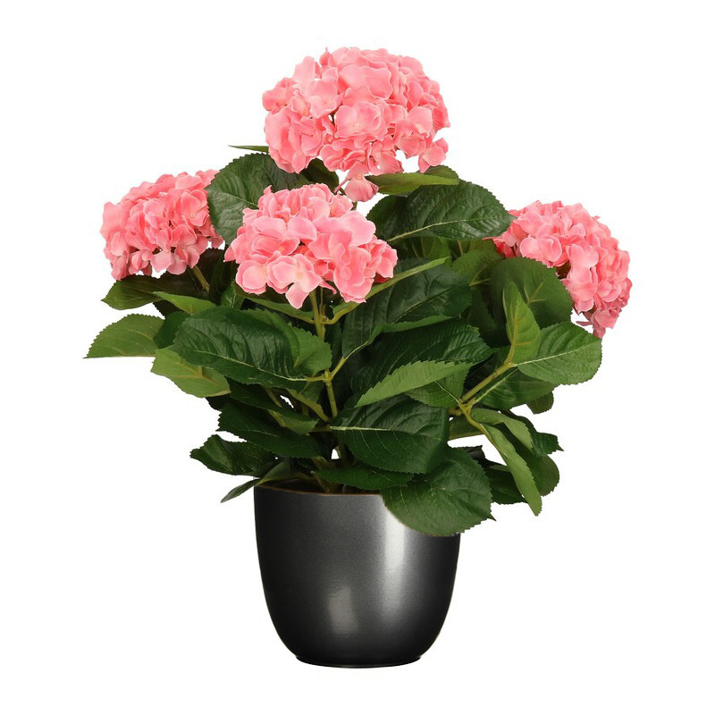 Mica Decorations Hortensia kunstplant/kunstbloemen 45 cm - roze - in pot titanium grijs glans -