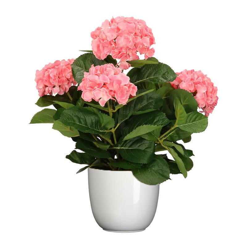 Mica Decorations Hortensia kunstplant/kunstbloemen 45 cm - roze - in pot wit glans -