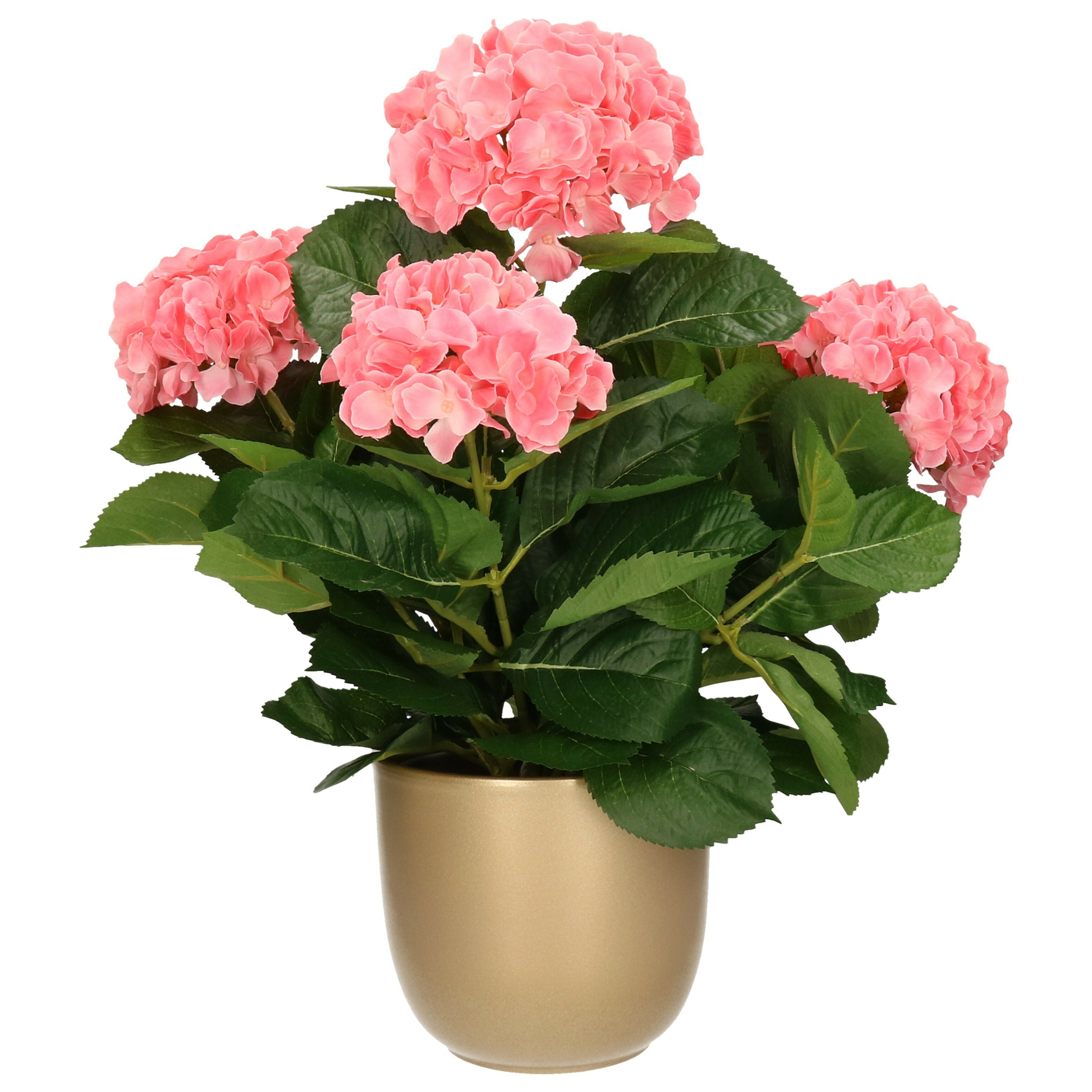 Mica Decorations Hortensia kunstplant/kunstbloemen 45 cm - roze - in pot goud glans -