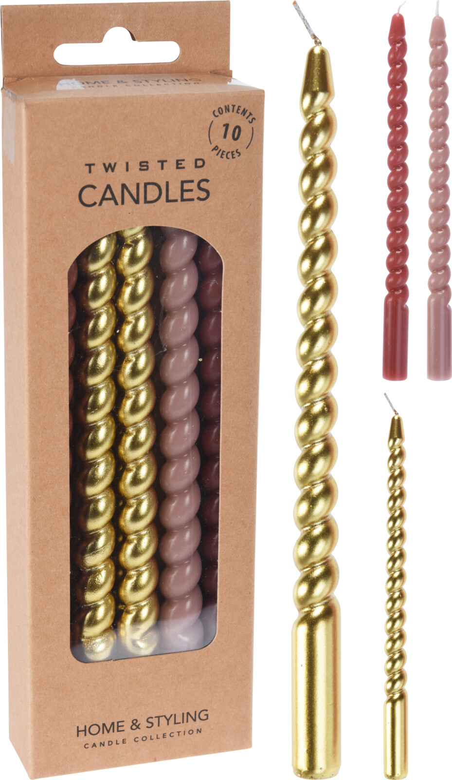 Home & Styling Kaarsjes Gedraaid 17cm Set A 10 Stuks Goud/roze Dia1,2 Cm