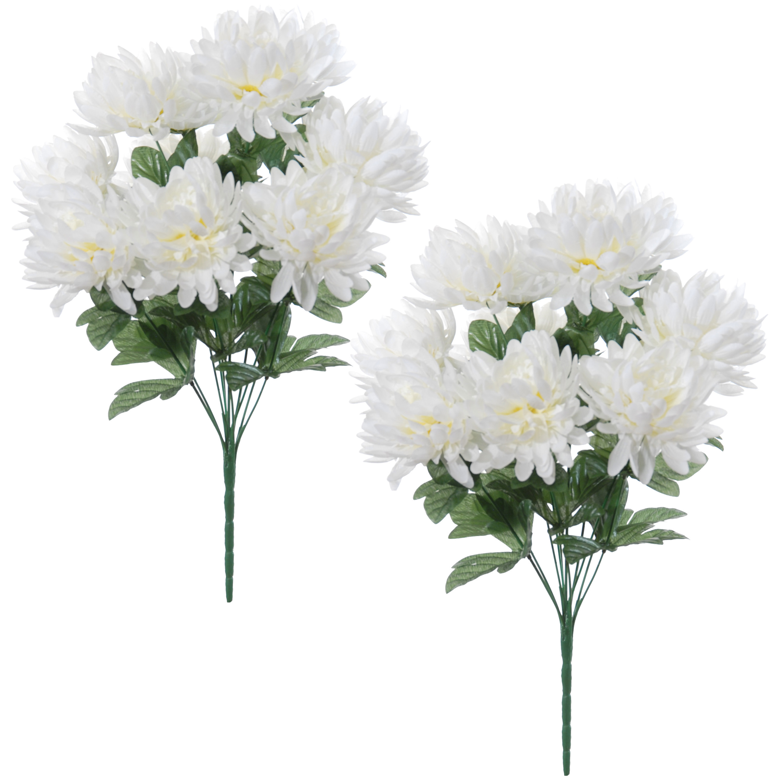 Louis Maes Kunstbloemen boeket crysanten met bladgroen - 2x - wit - H45 cm - Sierbloemen -