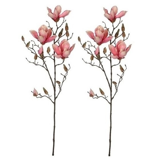 Shoppartners Mica Decorations Kunstbloem - 2x - magnolia beverboom - roze - 80 cm - kunsttak -