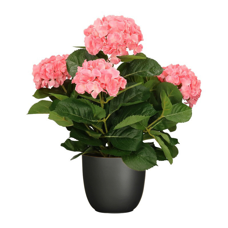 Mica Decorations Hortensia kunstplant/kunstbloemen 45 cm - roze - in pot zwart mat -
