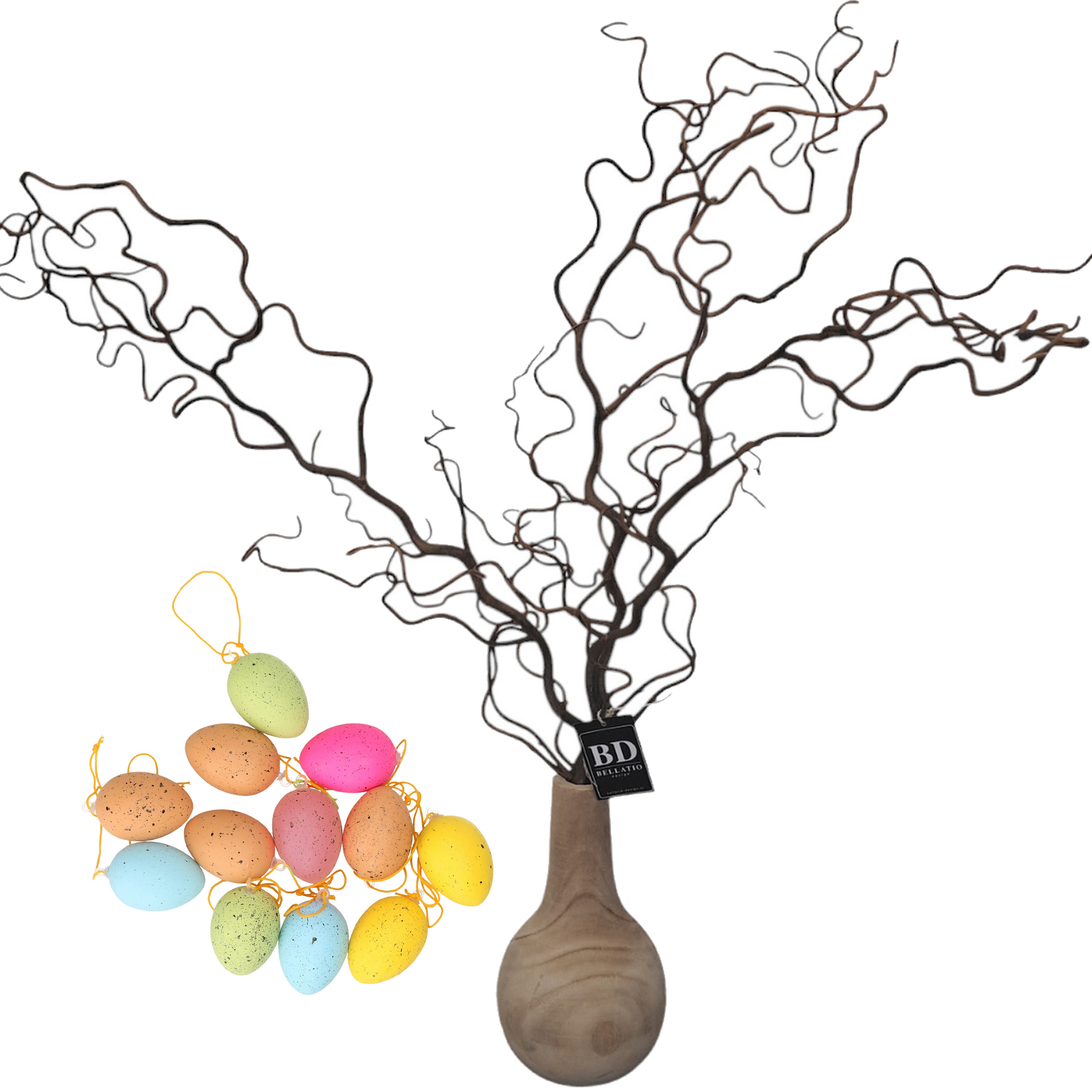 Bellatio Design Kronkelhazelaar kunst paastak - incl paaseieren - 87 cm - paasdecoratie kunsttakken -
