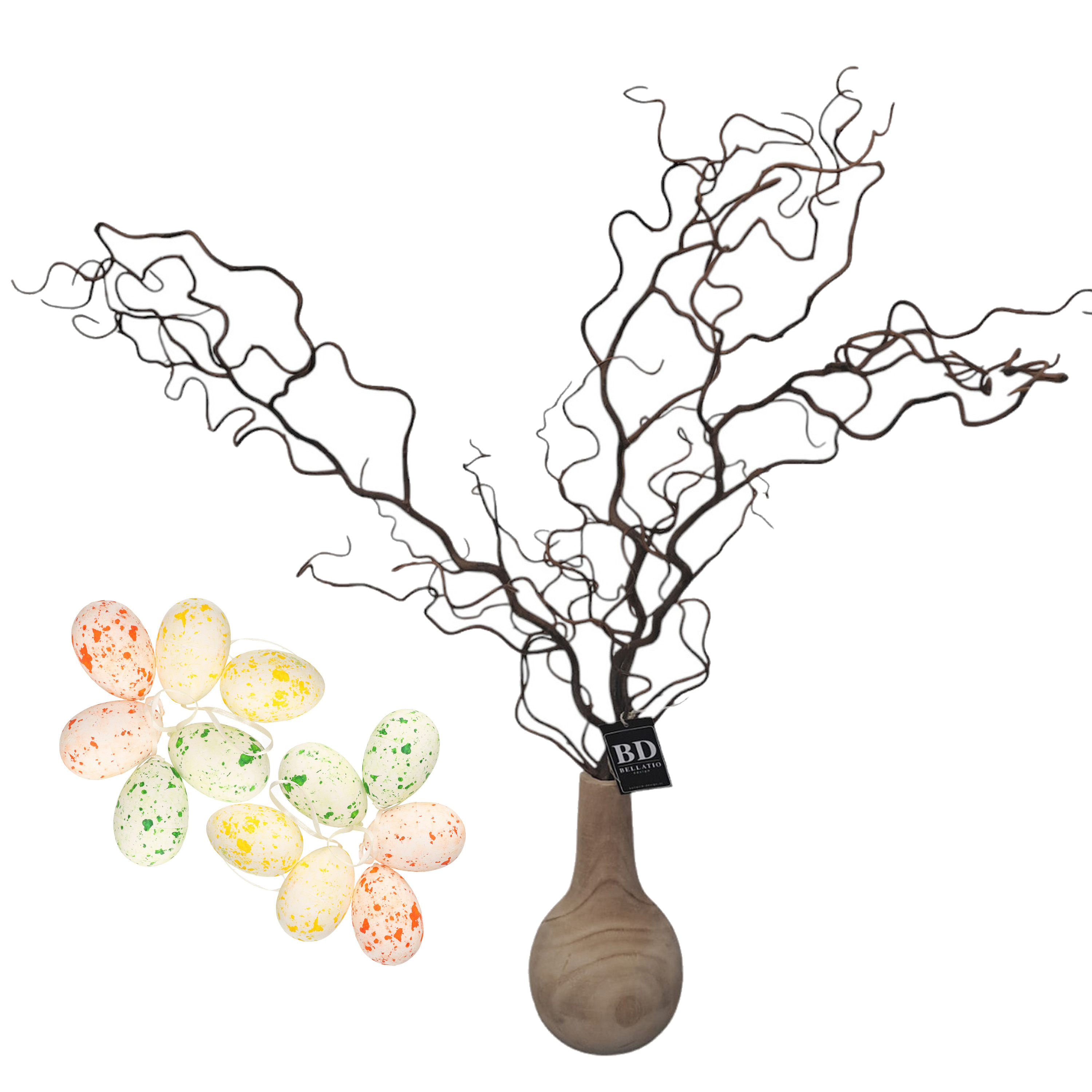 Bellatio Design Kronkelhazelaar kunst paastak - incl paaseieren - 87 cm - paasdecoratie kunsttakken -