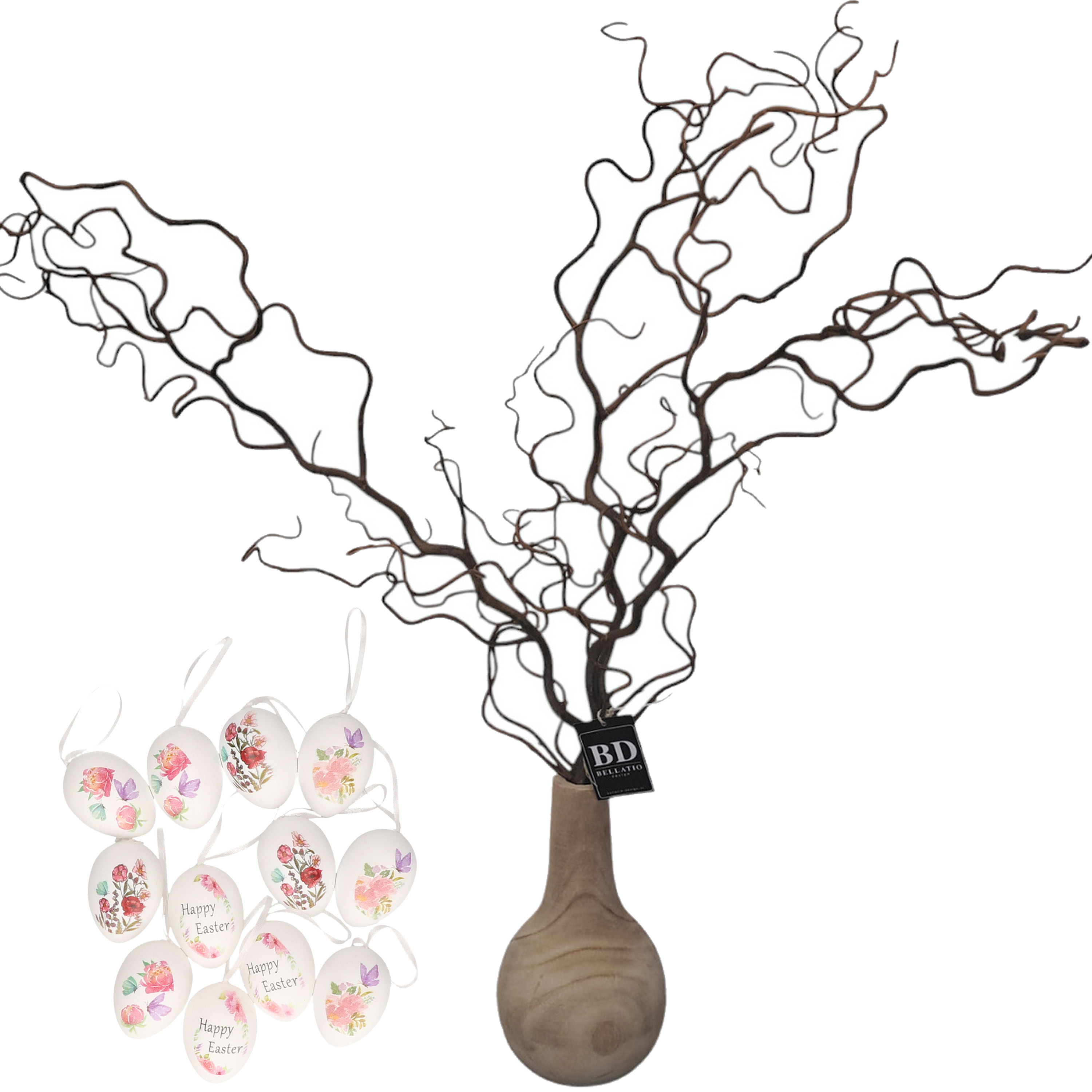 Bellatio Design Kronkelhazelaar kunst paastak - incl paaseieren - 87 cm - paasdecoratie kunsttakken -