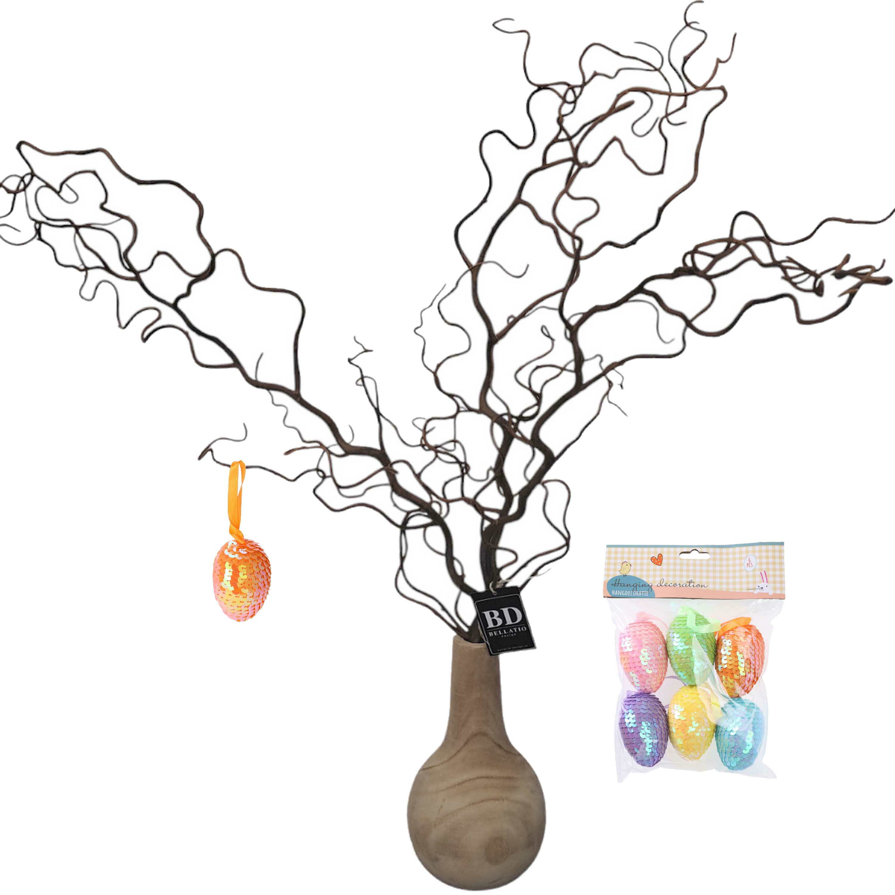 Bellatio Design Kronkelhazelaar kunst paastak - incl paaseieren - 87 cm - paasdecoratie kunsttakken -