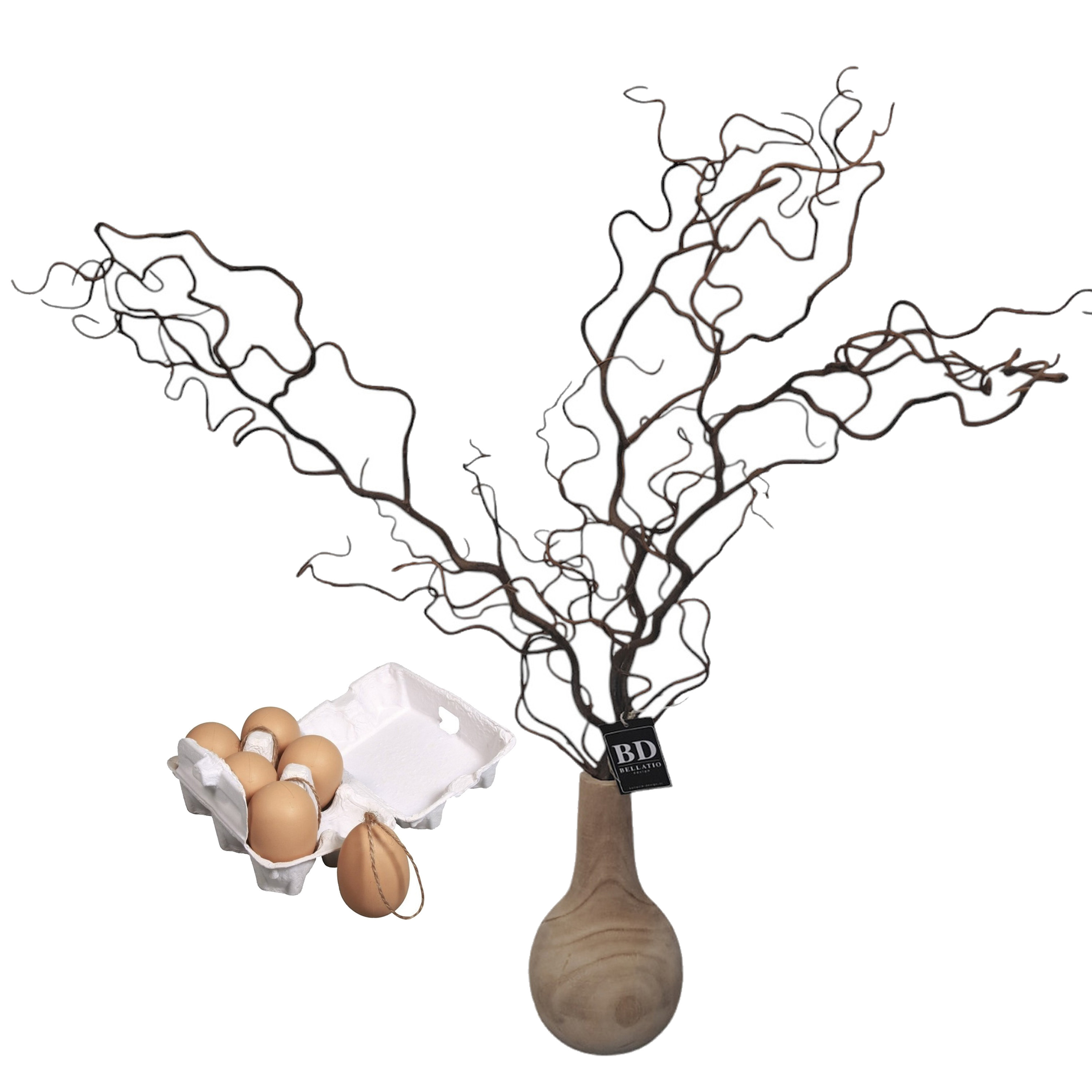Bellatio Design Kronkelhazelaar kunst paastak - incl paaseieren - 87 cm - paasdecoratie kunsttakken -